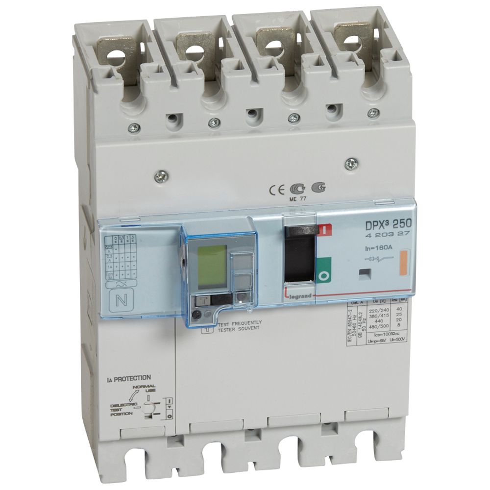 DPX3: kompakt prekidac 250A, 4P, F, FC, In=160A, Un=380/415V (Icu=25kA, Ics=100%Icu), elektronska zastitna jedinica (In=160A, Ir=0.4-1In, Isd=1.5...10In, Tr=3…15s, Tsd=0…0.5s, LCD), sa modulom diferencijalne zastite sa LCD (podešavanje osetljivosti: 0.03-0.3-1-3–3A, podešavanje vremena kašnjenja: 0-0.3-1-3s)