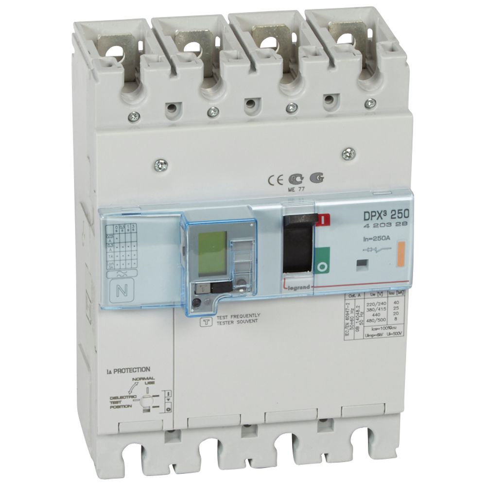 DPX3: kompakt prekidac 250A, 4P, F, FC, In=250A, Un=380/415V (Icu=25kA, Ics=100%Icu), elektronska zastitna jedinica (In=250A, Ir=0.4-1In, Isd=1.5...10In, Tr=3…15s, Tsd=0…0.5s, LCD), sa modulom diferencijalne zastite sa LCD (podešavanje osetljivosti: 0.03-0.3-1-3–3A, podešavanje vremena kašnjenja: 0-0.3-1-3s)