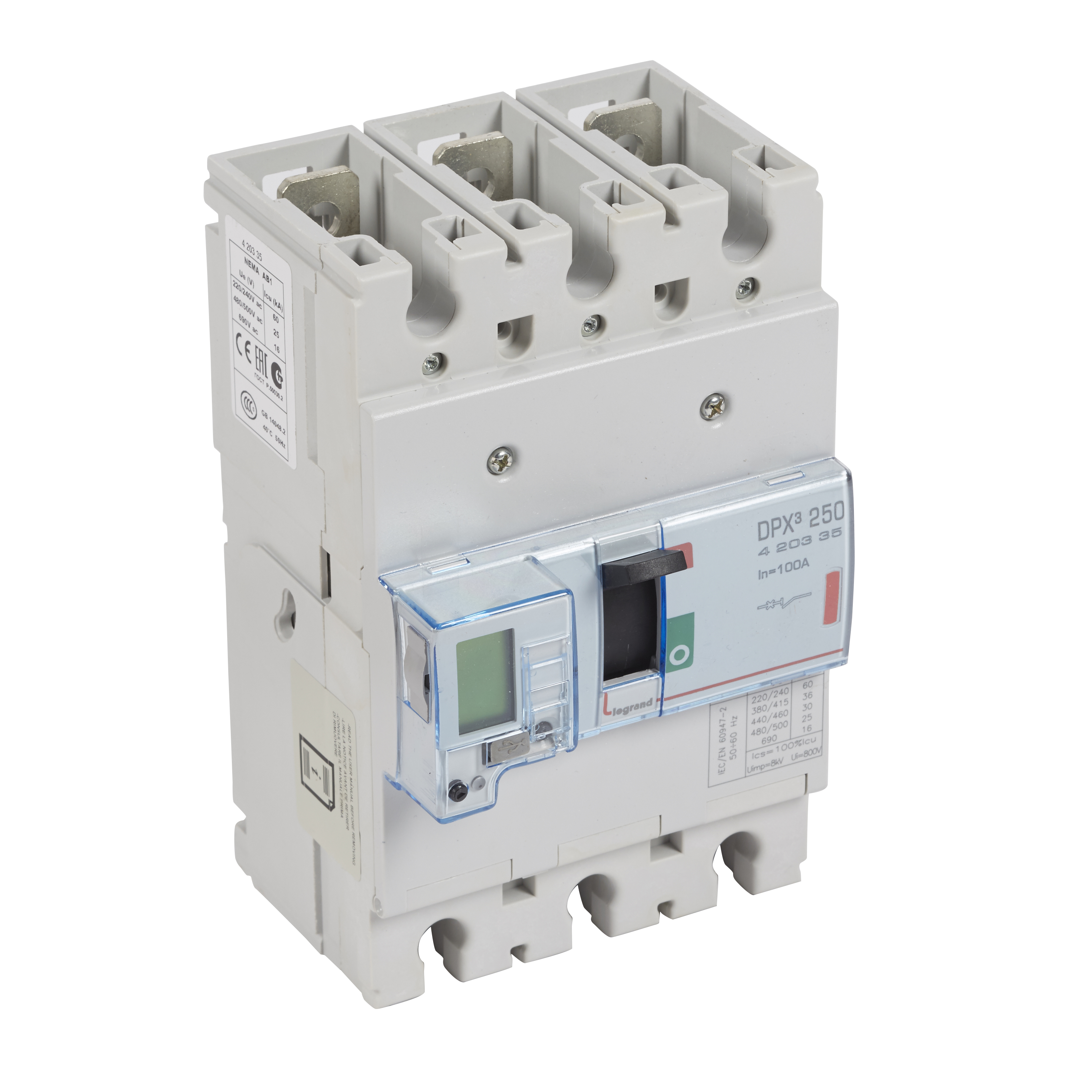 DPX3: kompakt prekidac 250A, 3P, F, FC, In=100A, Un=380/415V (Icu=36kA, Ics=100%Icu), elektronska zastitna jedinica (In=100A, Ir=0.4-1In, Isd=1.5...10In, Tr=3…15s, Tsd=0…0.5s, LCD )