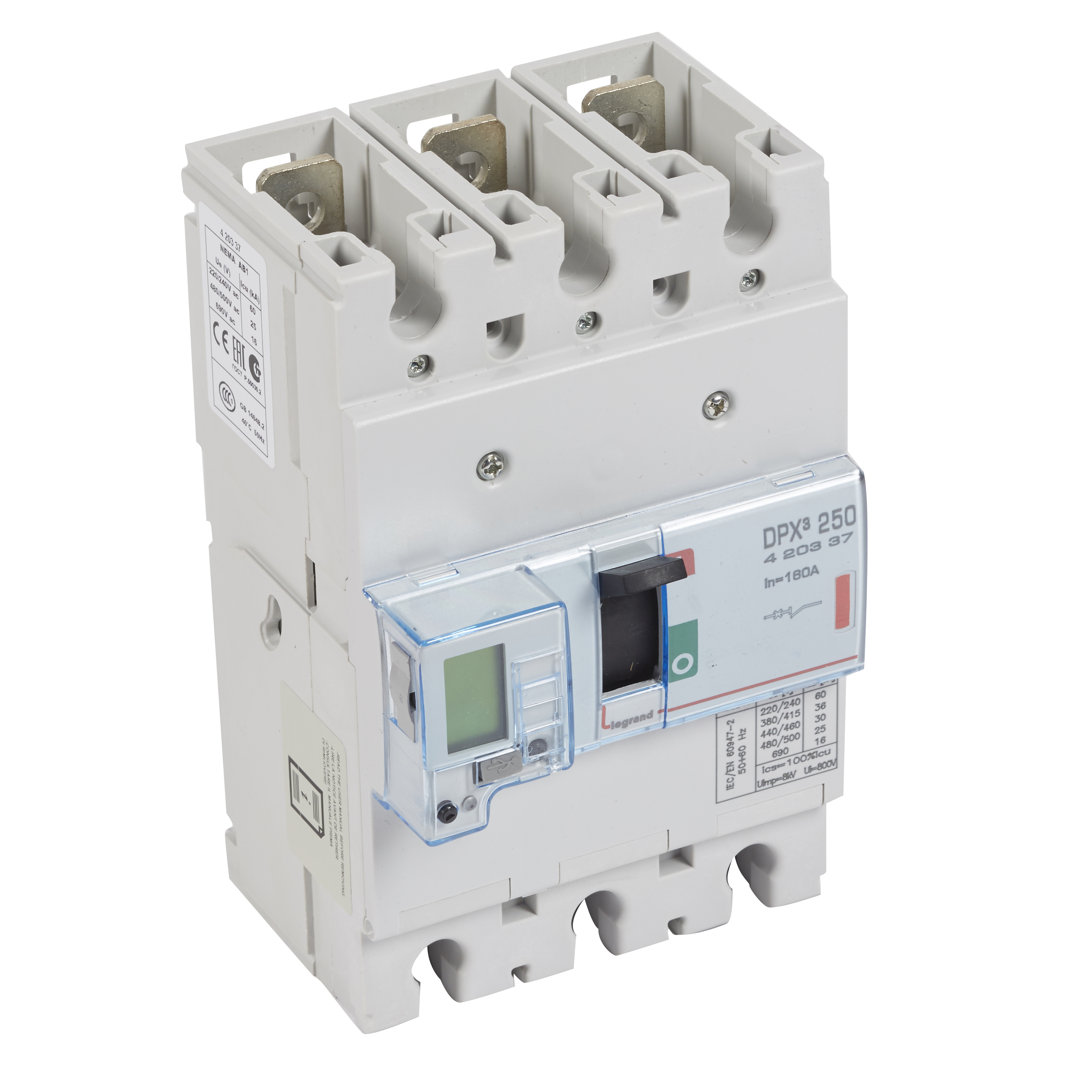 DPX3: kompakt prekidac 250A, 3P, F, FC, In=160A, Un=380/415V (Icu=36kA, Ics=100%Icu), elektronska zastitna jedinica (In=160A, Ir=0.4-1In, Isd=1.5...10In, Tr=3…15s, Tsd=0…0.5s, LCD )