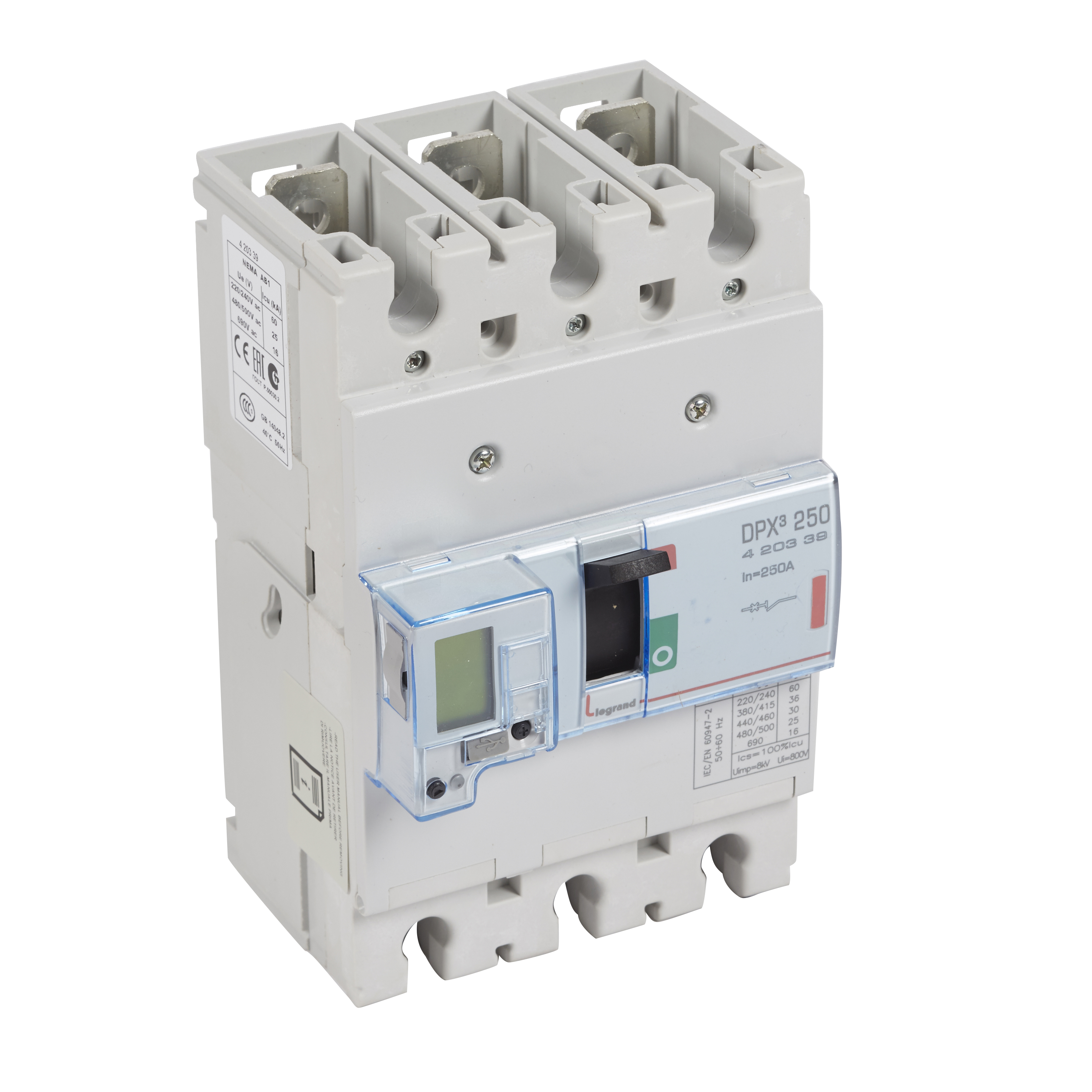 DPX3: kompakt prekidac 250A, 3P, F, FC, In=250A, Un=380/415V (Icu=36kA, Ics=100%Icu), elektronska zastitna jedinica (In=250A, Ir=0.4-1In, Isd=1.5...10In, Tr=3…15s, Tsd=0…0.5s, LCD )