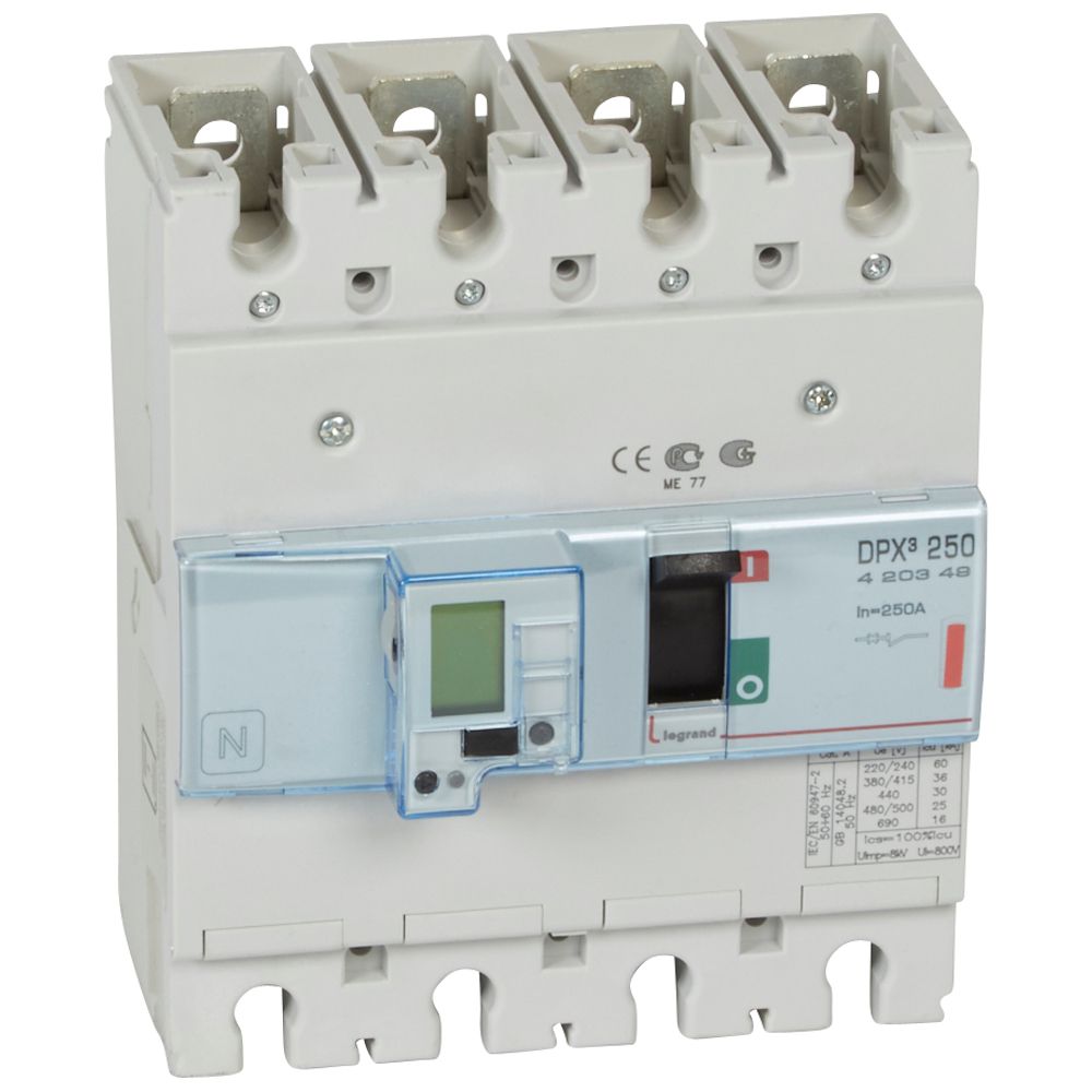 DPX3: kompakt prekidac 250A, 4P, F, FC, In=250A, Un=380/415V (Icu=36kA, Ics=100%Icu), elektronska zastitna jedinica (In=250A, Ir=0.4-1In, Isd=1.5...10In, Tr=3…15s, Tsd=0…0.5s, LCD )