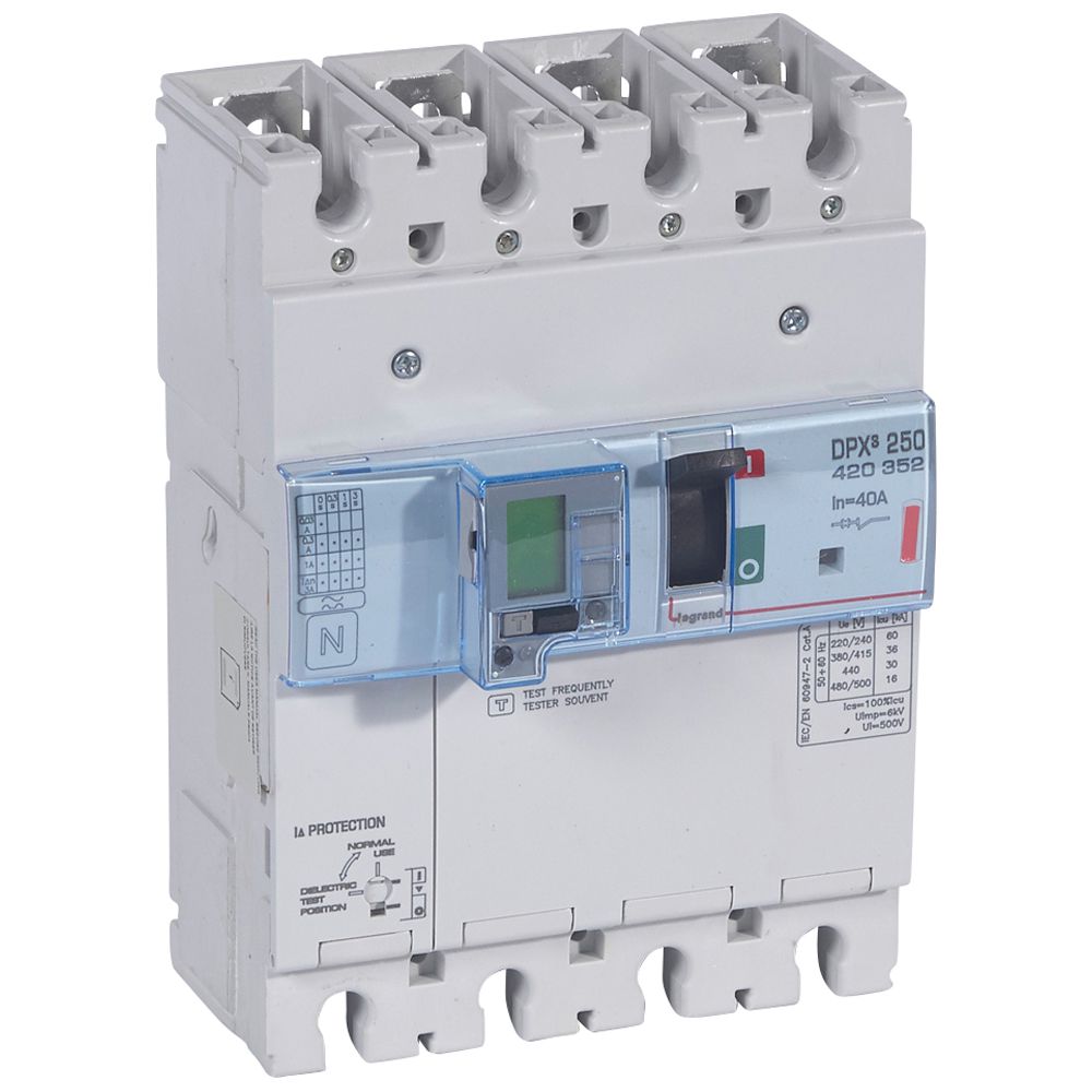 DPX3: kompakt prekidac 250A, 4P, F, FC, In=40A, Un=380/415V (Icu=36kA, Ics=100%Icu), elektronska zastitna jedinica (In=40A, Ir=0.4-1In, Isd=1.5...10In, Tr=3…15s, Tsd=0…0.5s, LCD), sa modulom diferencijalne zastite sa LCD (podešavanje osetljivosti: 0.03-0.3-1-3–3A, podešavanje vremena kašnjenja: 0-0.3-1-3s)