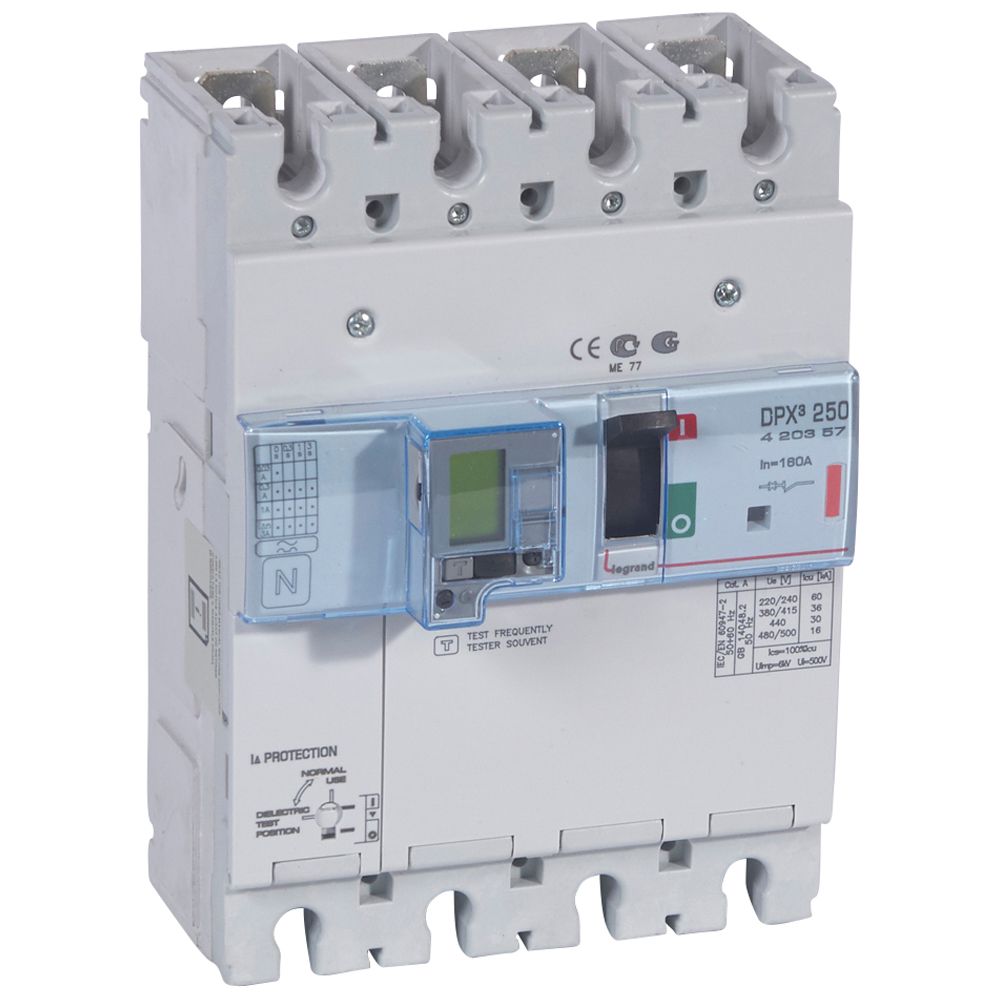 DPX3: kompakt prekidac 250A, 4P, F, FC, In=160A, Un=380/415V (Icu=36kA, Ics=100%Icu), elektronska zastitna jedinica (In=160A, Ir=0.4-1In, Isd=1.5...10In, Tr=3…15s, Tsd=0…0.5s, LCD), sa modulom diferencijalne zastite sa LCD (podešavanje osetljivosti: 0.03-0.3-1-3–3A, podešavanje vremena kašnjenja: 0-0.3-1-3s)