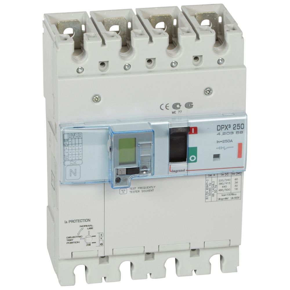 DPX3: kompakt prekidac 250A, 4P, F, FC, In=250A, Un=380/415V (Icu=36kA, Ics=100%Icu), elektronska zastitna jedinica (In=250A, Ir=0.4-1In, Isd=1.5...10In, Tr=3…15s, Tsd=0…0.5s, LCD), sa modulom diferencijalne zastite sa LCD (podešavanje osetljivosti: 0.03-0.3-1-3–3A, podešavanje vremena kašnjenja: 0-0.3-1-3s)