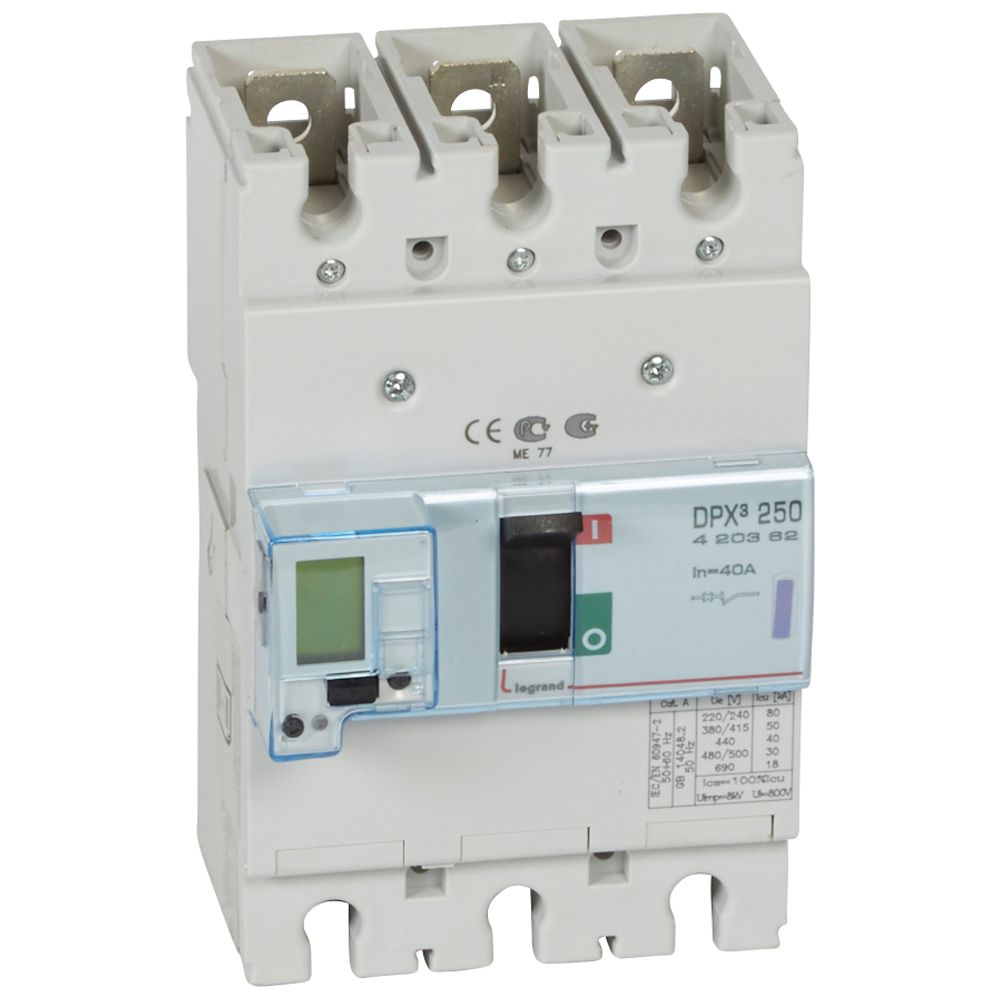 DPX3: kompakt prekidac 250A, 3P, F, FC, In=40A, Un=380/415V (Icu=50kA, Ics=100%Icu), elektronska zastitna jedinica (In=40A, Ir=0.4-1In, Isd=1.5...10In, Tr=3…15s, Tsd=0…0.5s, LCD )