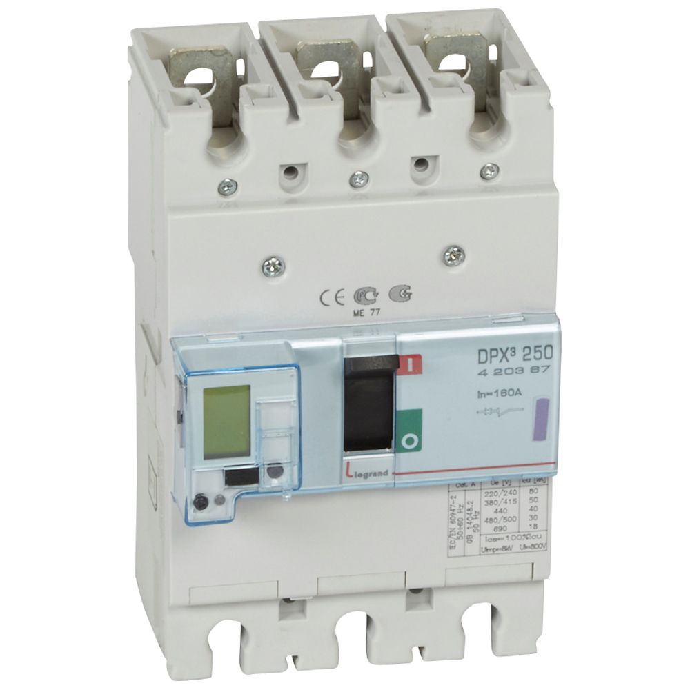 DPX3: kompakt prekidac 250A, 3P, F, FC, In=160A, Un=380/415V (Icu=50kA, Ics=100%Icu), elektronska zastitna jedinica (In=160A, Ir=0.4-1In, Isd=1.5...10In, Tr=3…15s, Tsd=0…0.5s, LCD )