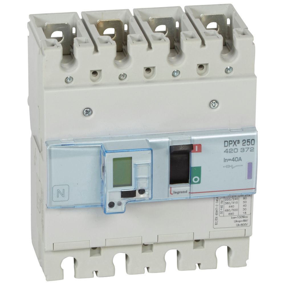 DPX3: kompakt prekidac 250A, 4P, F, FC, In=40A, Un=380/415V (Icu=50kA, Ics=100%Icu), elektronska zastitna jedinica (In=40A, Ir=0.4-1In, Isd=1.5...10In, Tr=3…15s, Tsd=0…0.5s, LCD )