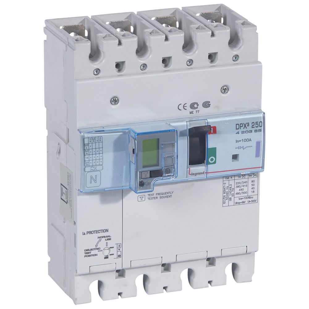 DPX3: kompakt prekidac 250A, 4P, F, FC, In=100A, Un=380/415V (Icu=50kA, Ics=100%Icu), elektronska zastitna jedinica (In=100A, Ir=0.4-1In, Isd=1.5...10In, Tr=3…15s, Tsd=0…0.5s, LCD), sa modulom diferencijalne zastite sa LCD (podešavanje osetljivosti: 0.03-0.3-1-3–3A, podešavanje vremena kašnjenja: 0-0.3-1-3s)