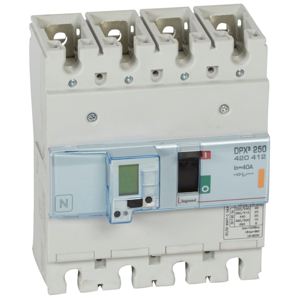 DPX3: kompakt prekidac 250A, 4P, F, FC, In=40A, Un=380/415V (Icu=25kA, Ics=100%Icu), elektronska zastitna jedinica (In=40A, Ir=0.4-1In, Isd=1.5...10In, Tr=3…15s, Tsd=0…0.5s, LCD), sa integrisanom centralnom mernom jedinicom (merenje I, U, F, Pn, En, THD)