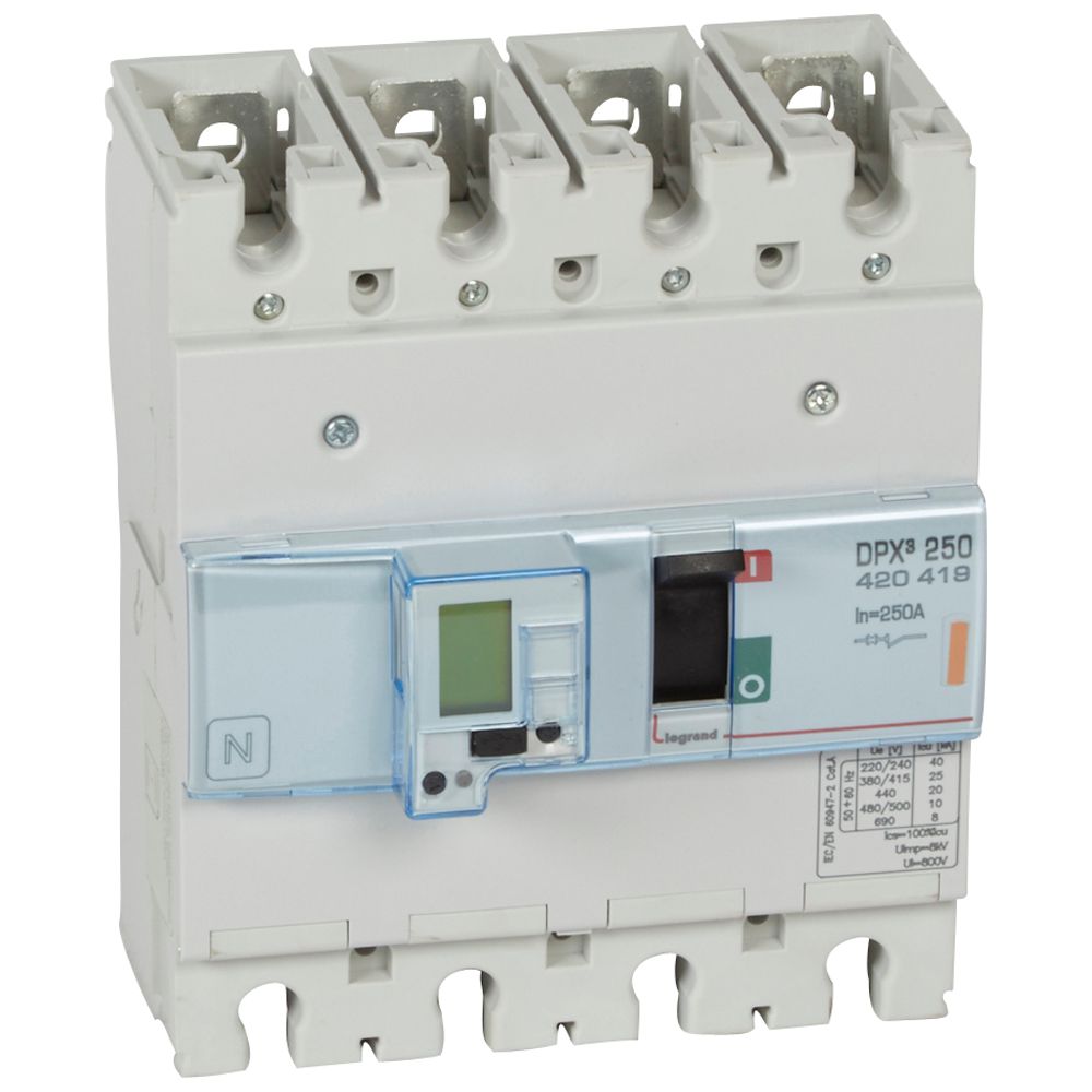 DPX3: kompakt prekidac 250A, 4P, F, FC, In=250A, Un=380/415V (Icu=25kA, Ics=100%Icu), elektronska zastitna jedinica (In=250A, Ir=0.4-1In, Isd=1.5...10In, Tr=3…15s, Tsd=0…0.5s, LCD), sa integrisanom centralnom mernom jedinicom (merenje I, U, F, Pn, En, THD)