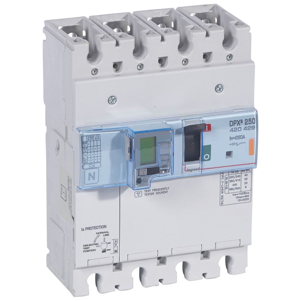 DPX3: kompakt prekidac 250A, 4P, F, FC, In=250A, Un=380/415V (Icu=25kA, Ics=100%Icu), elektronska zastitna jedinica (In=250A, Ir=0.4-1In, Isd=1.5...10In, Tr=3…15s, Tsd=0…0.5s, LCD), sa integrisanom centralnom mernom jedinicom (merenje I, U, F, Pn, En, THD) sa modulom diferencijalne zastite sa LCD (podešavanje osetljivosti: 0.03-0.3-1-3–3A, podešavanje vremena kašnjenja: 0-0.3-1-3s)