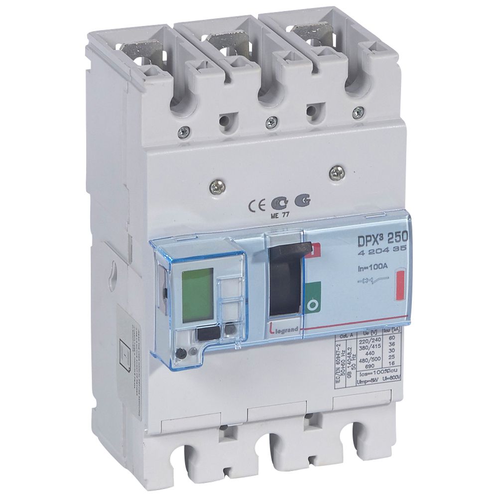 DPX3: kompakt prekidac 250A, 3P, F, FC, In=100A, Un=380/415V (Icu=36kA, Ics=100%Icu), elektronska zastitna jedinica (In=100A, Ir=0.4-1In, Isd=1.5...10In, Tr=3…15s, Tsd=0…0.5s, LCD), sa integrisanom centralnom mernom jedinicom (merenje I, U, F, Pn, En, THD)