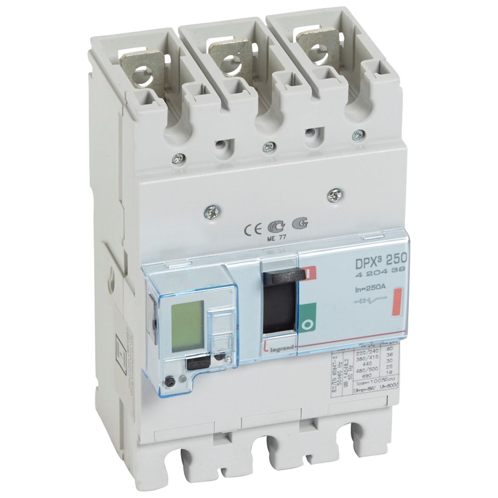 DPX3: kompakt prekidac 250A, 3P, F, FC, In=250A, Un=380/415V (Icu=36kA, Ics=100%Icu), elektronska zastitna jedinica (In=250A, Ir=0.4-1In, Isd=1.5...10In, Tr=3…15s, Tsd=0…0.5s, LCD), sa integrisanom centralnom mernom jedinicom (merenje I, U, F, Pn, En, THD)