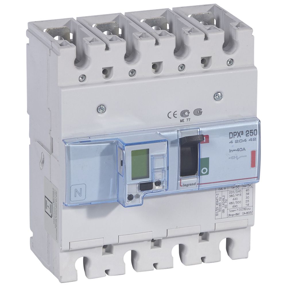 DPX3: kompakt prekidac 250A, 4P, F, FC, In=40A, Un=380/415V (Icu=36kA, Ics=100%Icu), elektronska zastitna jedinica (In=40A, Ir=0.4-1In, Isd=1.5...10In, Tr=3…15s, Tsd=0…0.5s, LCD), sa integrisanom centralnom mernom jedinicom (merenje I, U, F, Pn, En, THD)