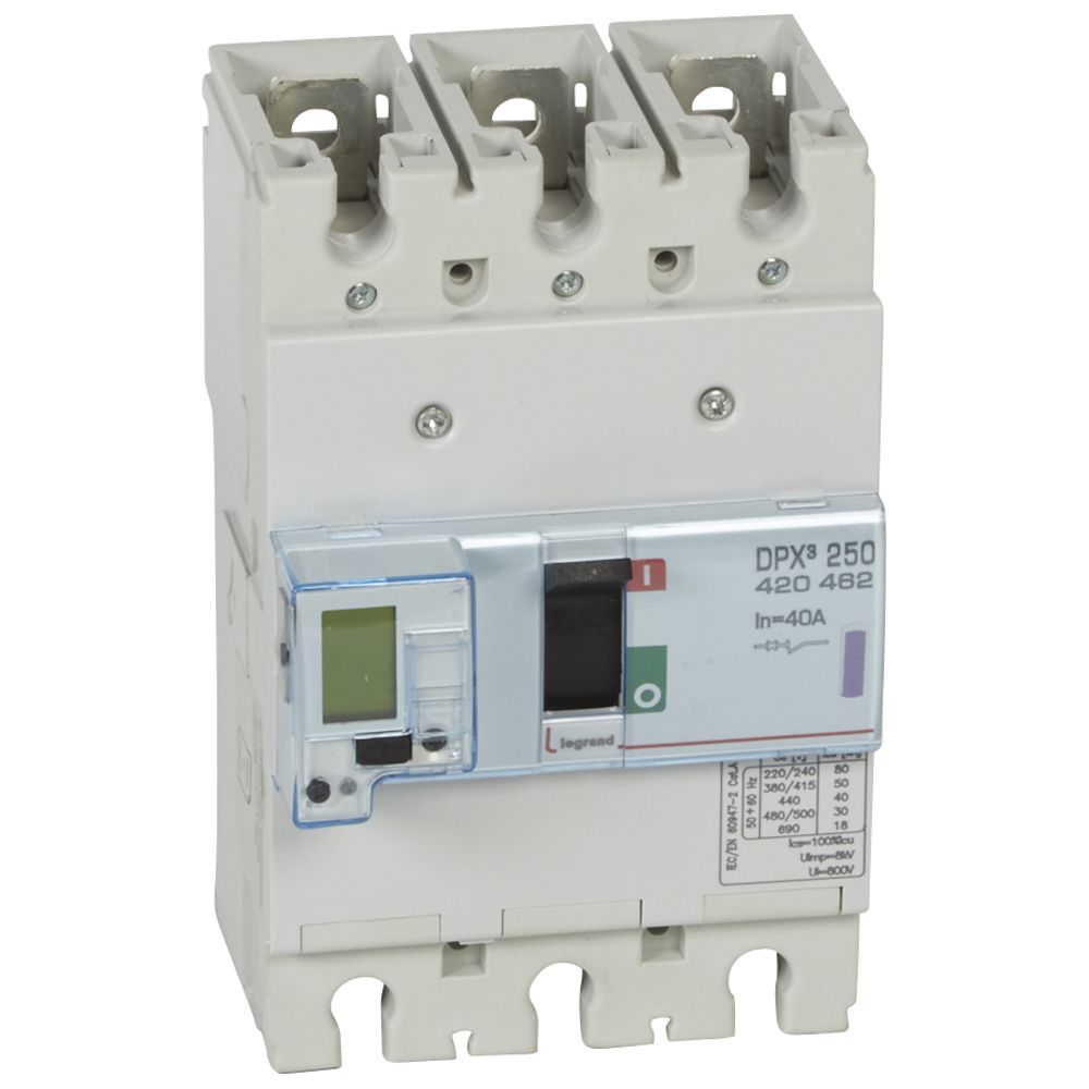 DPX3: kompakt prekidac 250A, 3P, F, FC, In=40A, Un=380/415V (Icu=50kA, Ics=100%Icu), elektronska zastitna jedinica (In=40A, Ir=0.4-1In, Isd=1.5...10In, Tr=3…15s, Tsd=0…0.5s, LCD), sa integrisanom centralnom mernom jedinicom (merenje I, U, F, Pn, En, THD)