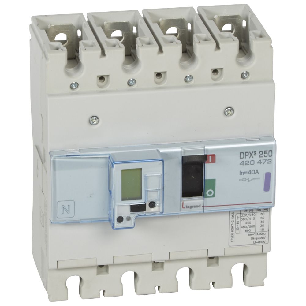 DPX3: kompakt prekidac 250A, 4P, F, FC, In=40A, Un=380/415V (Icu=50kA, Ics=100%Icu), elektronska zastitna jedinica (In=40A, Ir=0.4-1In, Isd=1.5...10In, Tr=3…15s, Tsd=0…0.5s, LCD), sa integrisanom centralnom mernom jedinicom (merenje I, U, F, Pn, En, THD)