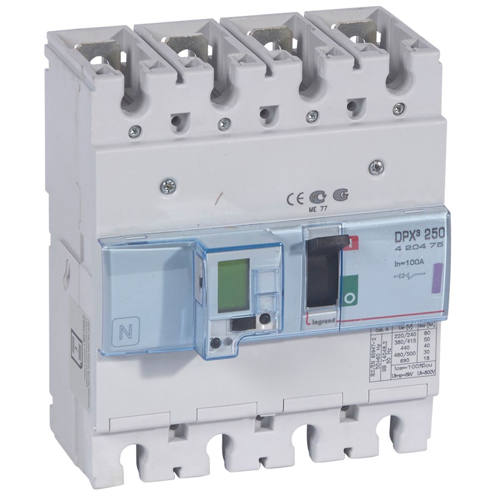 DPX3: kompakt prekidac 250A, 4P, F, FC, In=100A, Un=380/415V (Icu=50kA, Ics=100%Icu), elektronska zastitna jedinica (In=100A, Ir=0.4-1In, Isd=1.5...10In, Tr=3…15s, Tsd=0…0.5s, LCD), sa integrisanom centralnom mernom jedinicom (merenje I, U, F, Pn, En, THD)