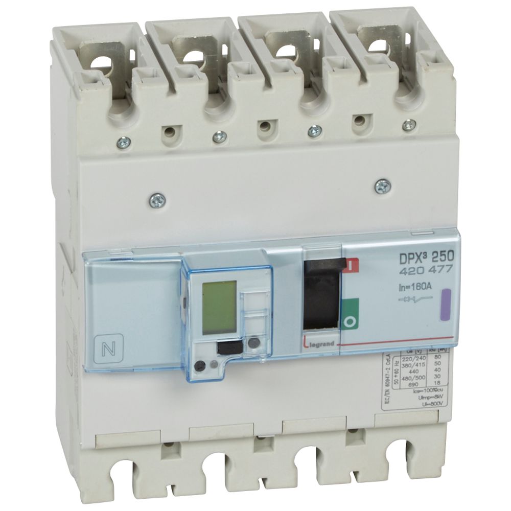 DPX3: kompakt prekidac 250A, 4P, F, FC, In=160A, Un=380/415V (Icu=50kA, Ics=100%Icu), elektronska zastitna jedinica (In=160A, Ir=0.4-1In, Isd=1.5...10In, Tr=3…15s, Tsd=0…0.5s, LCD), sa integrisanom centralnom mernom jedinicom (merenje I, U, F, Pn, En, THD)