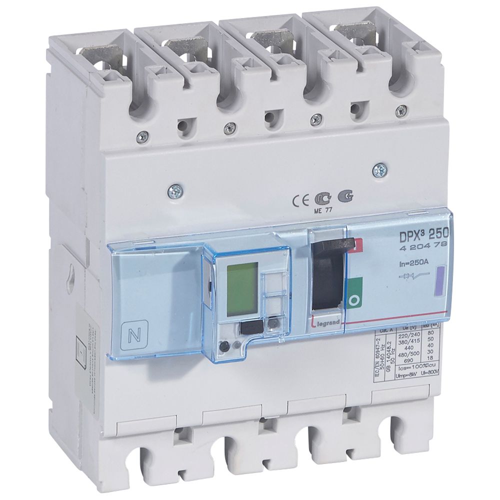 DPX3: kompakt prekidac 250A, 4P, F, FC, In=250A, Un=380/415V (Icu=50kA, Ics=100%Icu), elektronska zastitna jedinica (In=250A, Ir=0.4-1In, Isd=1.5...10In, Tr=3…15s, Tsd=0…0.5s, LCD), sa integrisanom centralnom mernom jedinicom (merenje I, U, F, Pn, En, THD)