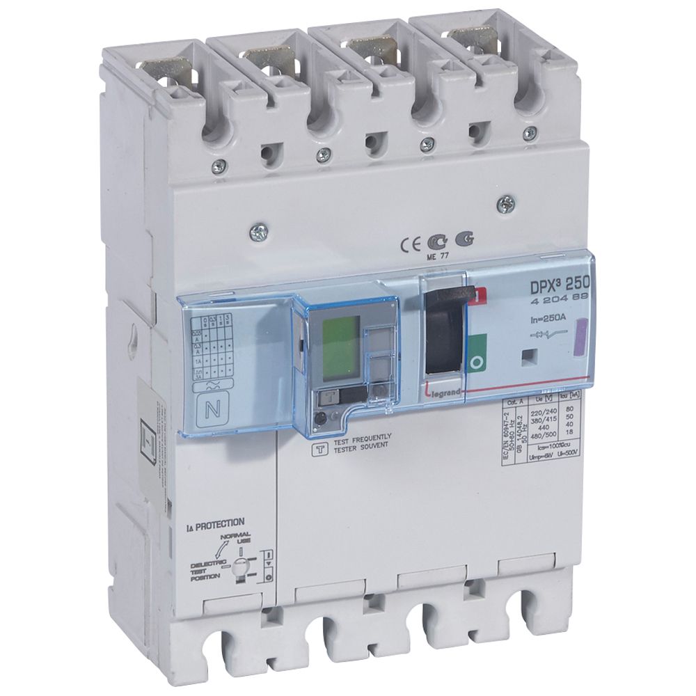 DPX3: kompakt prekidac 250A, 4P, F, FC, In=250A, Un=380/415V (Icu=50kA, Ics=100%Icu), elektronska zastitna jedinica (In=250A, Ir=0.4-1In, Isd=1.5...10In, Tr=3…15s, Tsd=0…0.5s, LCD), sa integrisanom centralnom mernom jedinicom (merenje I, U, F, Pn, En, THD) sa modulom diferencijalne zastite sa LCD (podešavanje osetljivosti: 0.03-0.3-1-3–3A, podešavanje vremena kašnjenja: 0-0.3-1-3s)