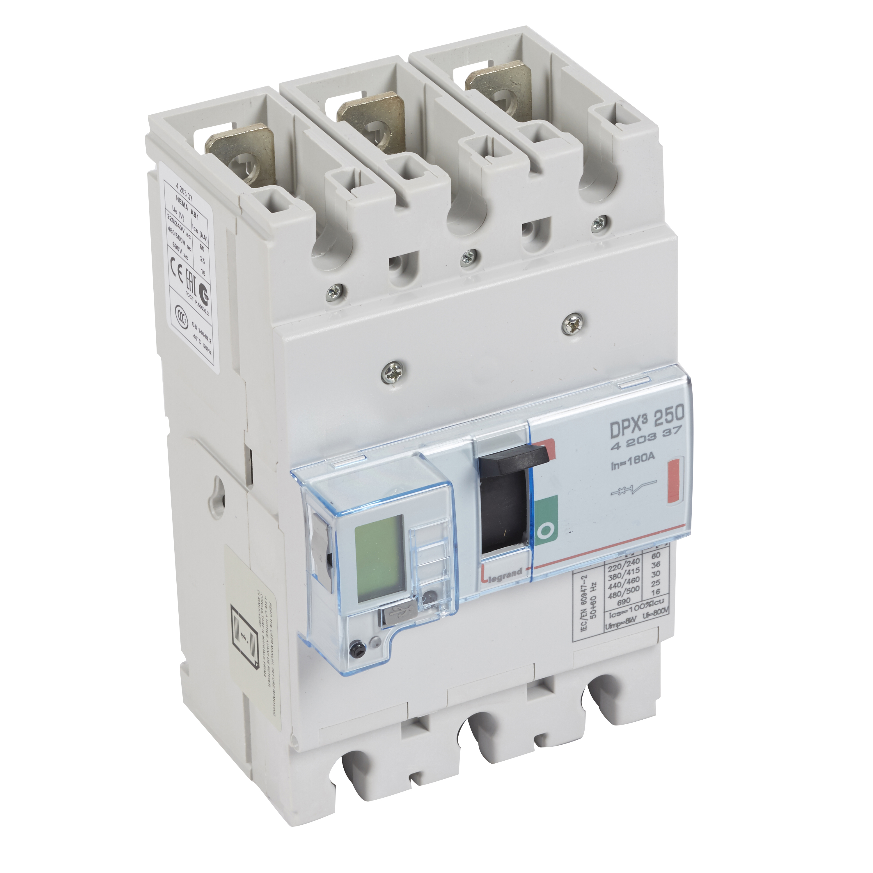 DPX3: kompakt prekidac 250A, 3P, F, FC, In=160A, Un=380/415V (Icu=36kA, Ics=100%Icu), elektronska zastitna jedinica sa zemljospojnom zastitom Sg (In=160A, Ir=0.4-1In, Isd=1.5...10In, Tr=3…15s, Tsd=0…0.5s, Tg=0.1-1s )