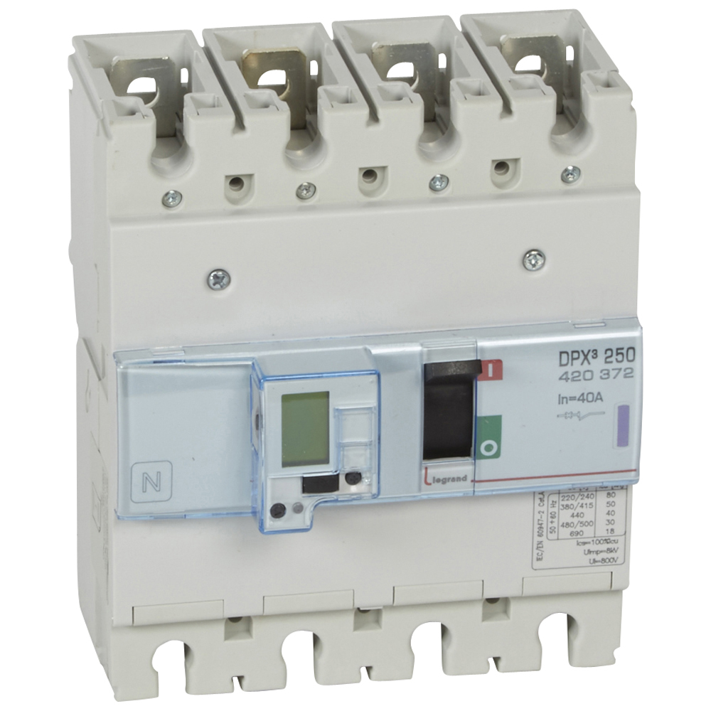 DPX3: kompakt prekidac 250A, 4P, F, FC, In=40A, Un=380/415V (Icu=50kA, Ics=100%Icu), elektronska zastitna jedinica sa zemljospojnom zastitom Sg (In=40A, Ir=0.4-1In, Isd=1.5...10In, Tr=3…15s, Tsd=0…0.5s, Tg=0.1-1s )