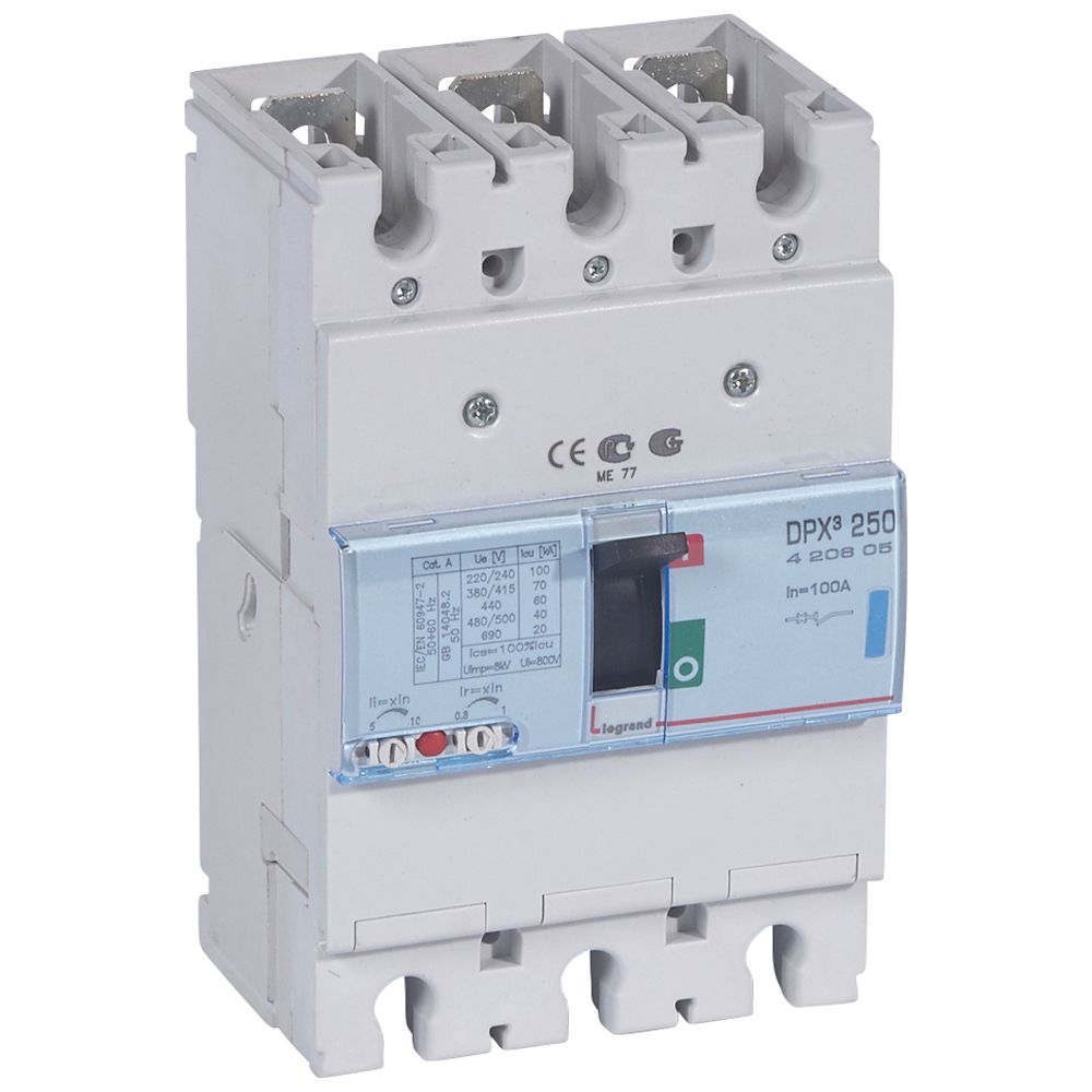 DPX3: kompakt prekidac 250A, 3P, F, FC, In=100A, Un=380/415V (Icu=70kA, Ics=100%Icu), termomagnetna zastitna jedinica (In=100A, Ir=0.8-1In, Im=5-10In)