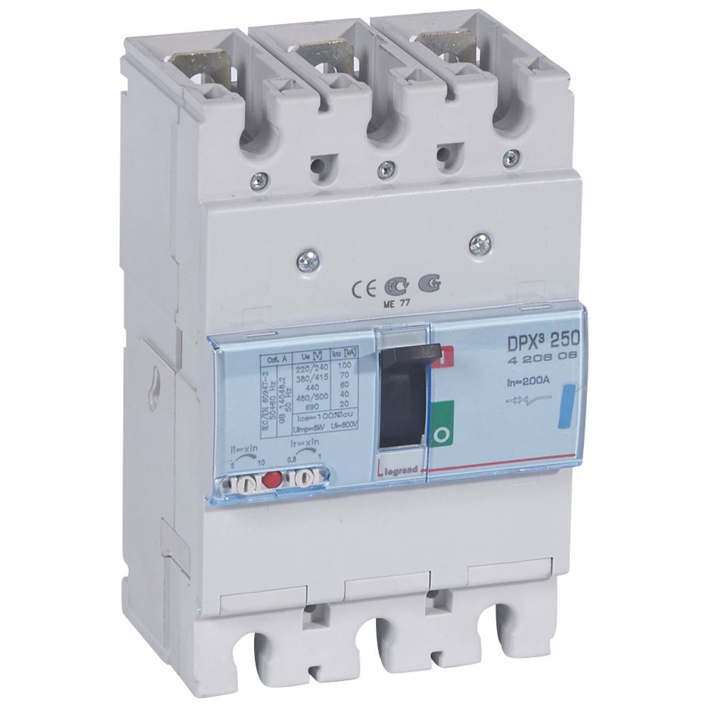 DPX3: kompakt prekidac 250A, 3P, F, FC, In=200A, Un=380/415V (Icu=70kA, Ics=100%Icu), termomagnetna zastitna jedinica (In=200A, Ir=0.8-1In, Im=5-10In)