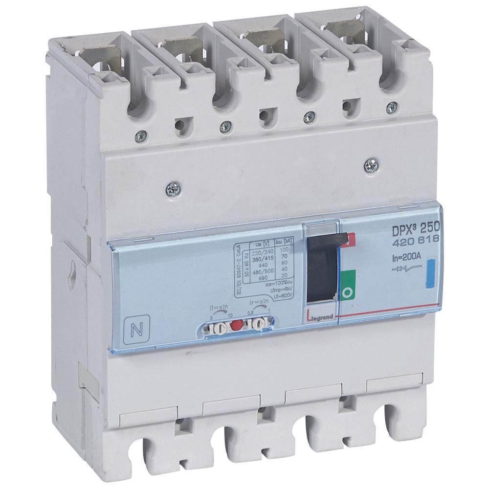 DPX3: kompakt prekidac 250A, 4P, F, FC, In=200A, Un=380/415V (Icu=70kA, Ics=100%Icu), termomagnetna zastitna jedinica (In=200A, Ir=0.8-1In, Im=5-10In)