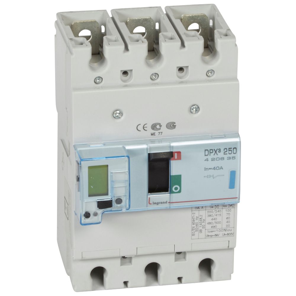 DPX3: kompakt prekidac 250A, 3P, F, FC, In=40A, Un=380/415V (Icu=70kA, Ics=100%Icu), elektronska zastitna jedinica (In=40A, Ir=0.4-1In, Isd=1.5...10In, Tr=3…15s, Tsd=0…0.5s, LCD )