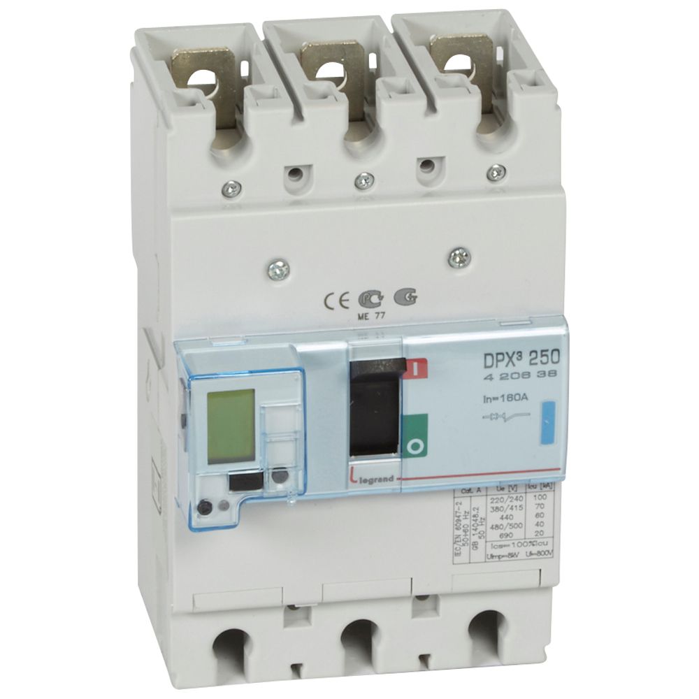 DPX3: kompakt prekidac 250A, 3P, F, FC, In=160A, Un=380/415V (Icu=70kA, Ics=100%Icu), elektronska zastitna jedinica (In=160A, Ir=0.4-1In, Isd=1.5...10In, Tr=3…15s, Tsd=0…0.5s, LCD )