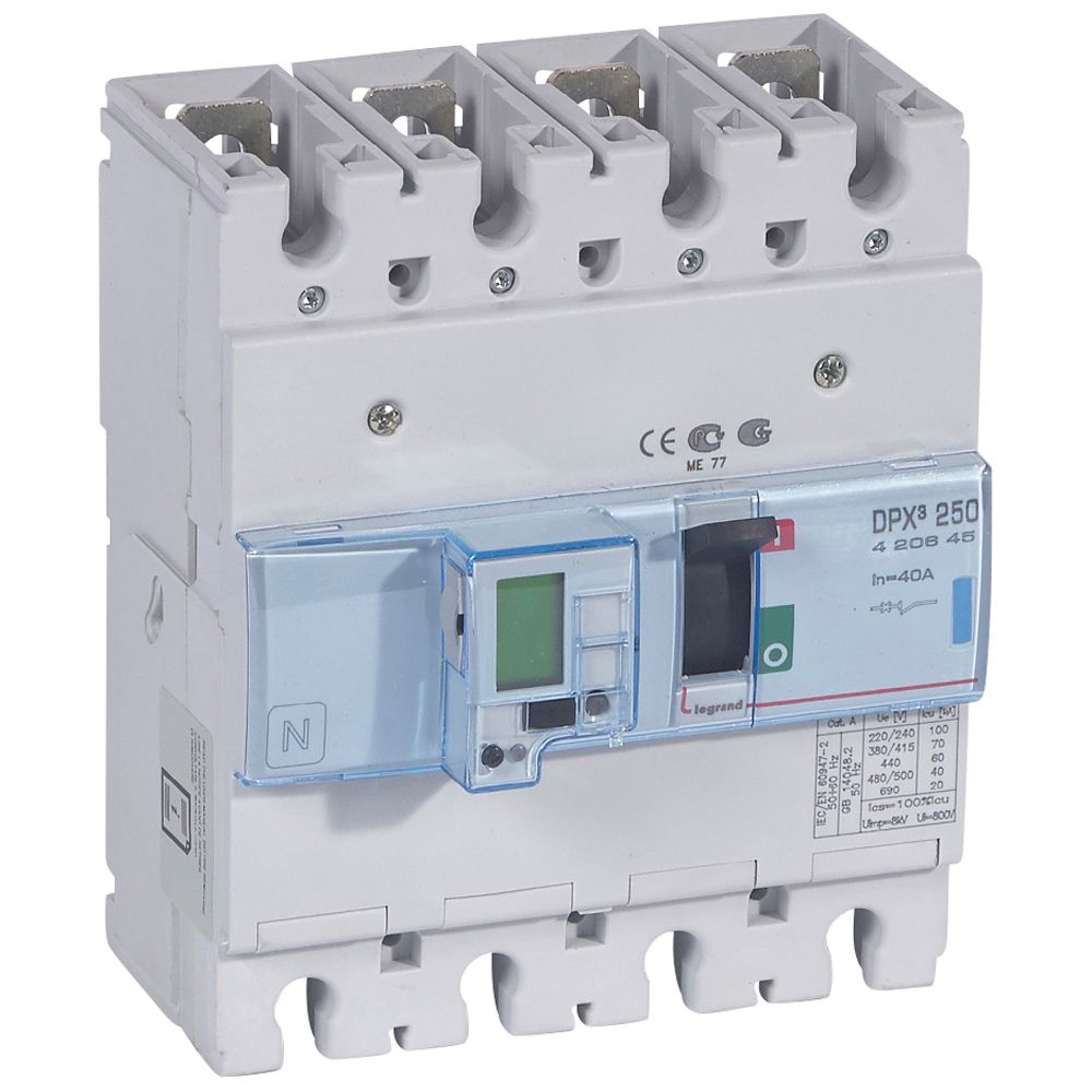 DPX3: kompakt prekidac 250A, 4P, F, FC, In=40A, Un=380/415V (Icu=70kA, Ics=100%Icu), elektronska zastitna jedinica (In=40A, Ir=0.4-1In, Isd=1.5...10In, Tr=3…15s, Tsd=0…0.5s, LCD )