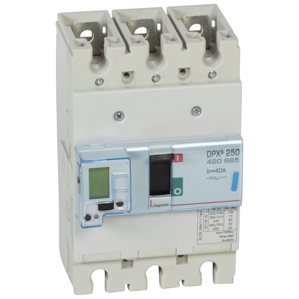 DPX3: kompakt prekidac 250A, 3P, F, FC, In=40A, Un=380/415V (Icu=70kA, Ics=100%Icu), elektronska zastitna jedinica (In=40A, Ir=0.4-1In, Isd=1.5...10In, Tr=3…15s, Tsd=0…0.5s, LCD), sa integrisanom centralnom mernom jedinicom (merenje I, U, F, Pn, En, THD)