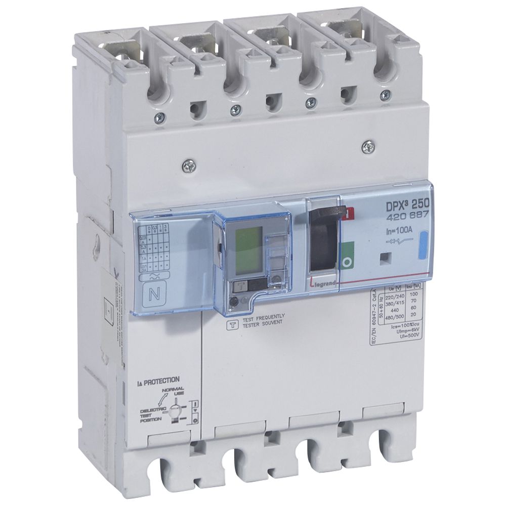 DPX3: kompakt prekidac 250A, 4P, F, FC, In=100A, Un=380/415V (Icu=70kA, Ics=100%Icu), elektronska zastitna jedinica (In=100A, Ir=0.4-1In, Isd=1.5...10In, Tr=3…15s, Tsd=0…0.5s, LCD), sa integrisanom centralnom mernom jedinicom (merenje I, U, F, Pn, En, THD) sa modulom diferencijalne zastite sa LCD (podešavanje osetljivosti: 0.03-0.3-1-3–3A, podešavanje vremena kašnjenja: 0-0.3-1-3s)