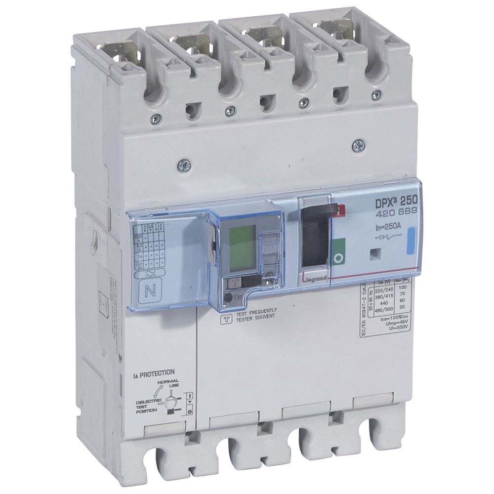 DPX3: kompakt prekidac 250A, 4P, F, FC, In=250A, Un=380/415V (Icu=70kA, Ics=100%Icu), elektronska zastitna jedinica (In=250A, Ir=0.4-1In, Isd=1.5...10In, Tr=3…15s, Tsd=0…0.5s, LCD), sa integrisanom centralnom mernom jedinicom (merenje I, U, F, Pn, En, THD) sa modulom diferencijalne zastite sa LCD (podešavanje osetljivosti: 0.03-0.3-1-3–3A, podešavanje vremena kašnjenja: 0-0.3-1-3s)