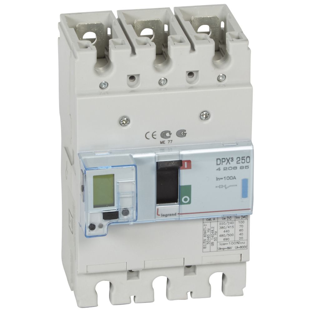 DPX3: kompakt prekidac 250A, 3P, F, FC, In=100A, Un=380/415V (Icu=70kA, Ics=100%Icu), elektronska zastitna jedinica sa zemljospojnom zastitom Sg (In=100A, Ir=0.4-1In, Isd=1.5...10In, Tr=3…15s, Tsd=0…0.5s, Tg=0.1-1s )