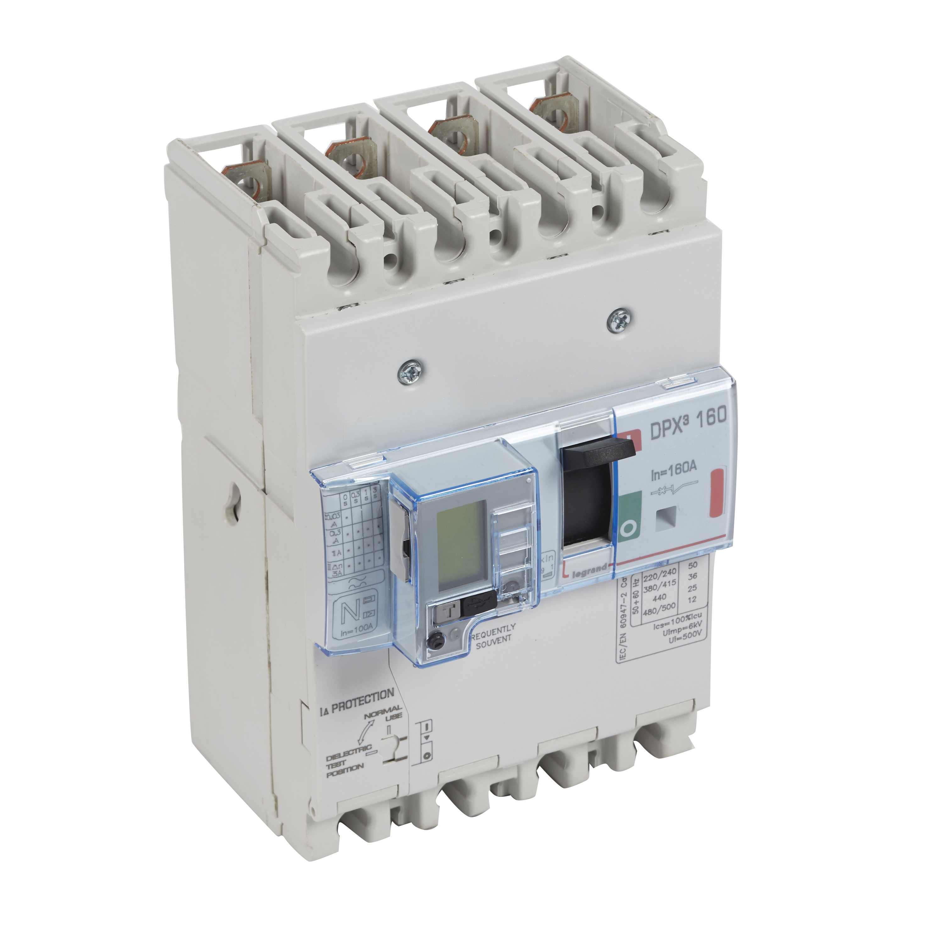 DPX3: kompakt prekidac 160A, 3P+N, F, FC, In=160A, Un=380/415V (Icu=16kA, Ics=100%Icu), termomagnetna zastitna jedinica (In=160A, Ir=0.8-1In, Im=10In), sa modulom diferencijalne zastite