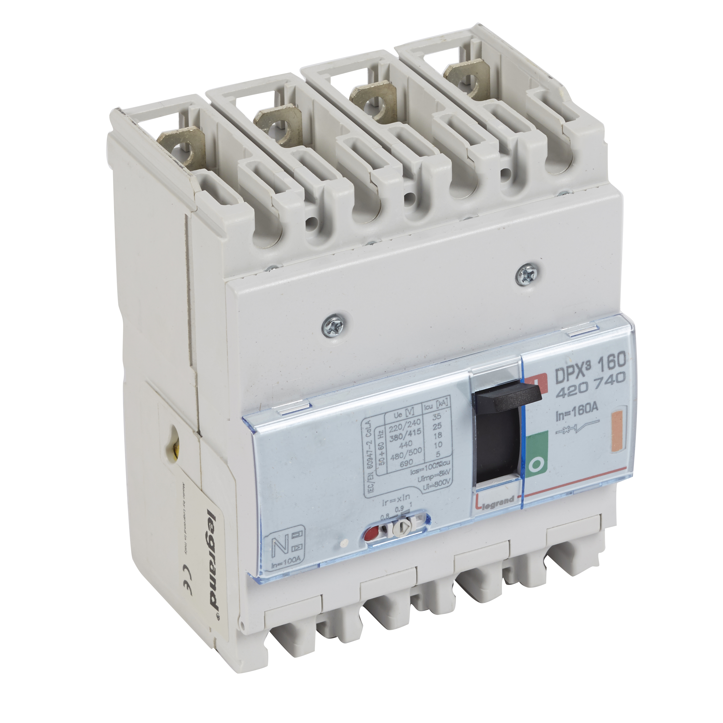 DPX3: kompakt prekidac 160A, 3P+N, F, FC, In=160A, Un=380/415V (Icu=25kA, Ics=100%Icu), termomagnetna zastitna jedinica (In=160A, Ir=0.8-1In, Im=10In)