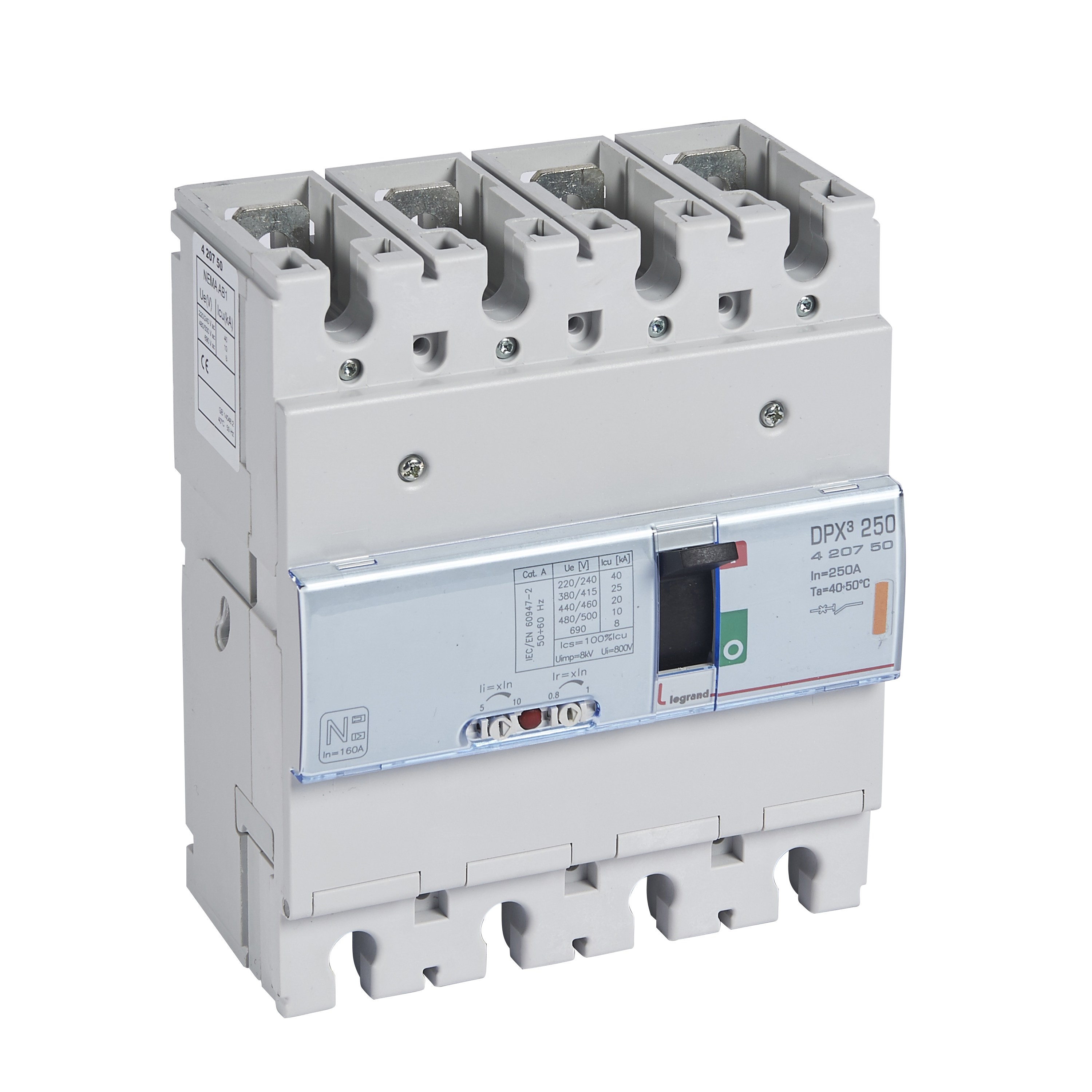 DPX3: kompakt prekidac 250A, 3P+N, F, FC, In=250A, Un=380/415V (Icu=25kA, Ics=100%Icu), termomagnetna zastitna jedinica (In=250A, Ir=0.8-1In, Im=10In)