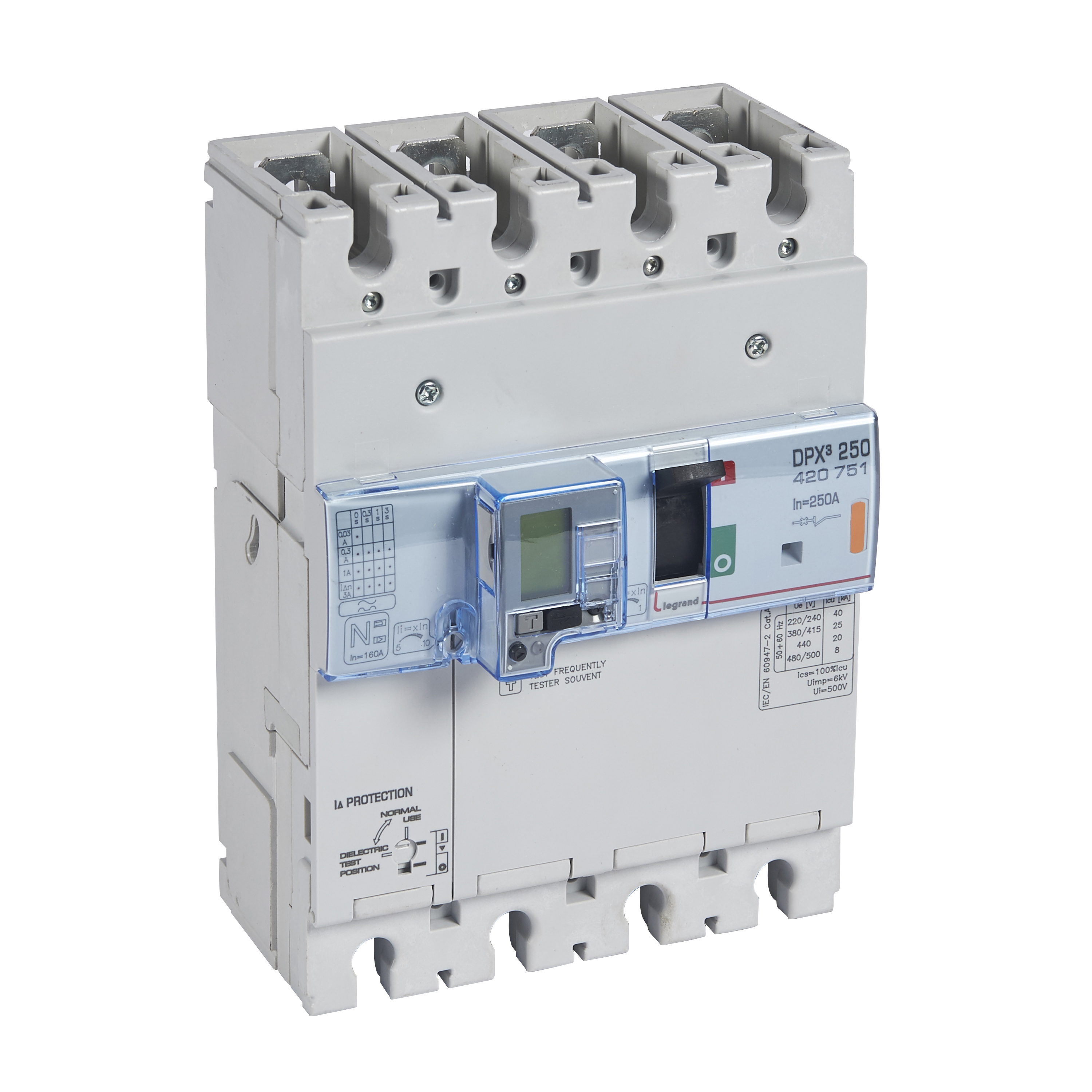 DPX3: kompakt prekidac 250A, 3P+N, F, FC, In=250A, Un=380/415V (Icu=25kA, Ics=100%Icu), termomagnetna zastitna jedinica (In=250A, Ir=0.8-1In, Im=10In), sa modulom diferencijalne zastite