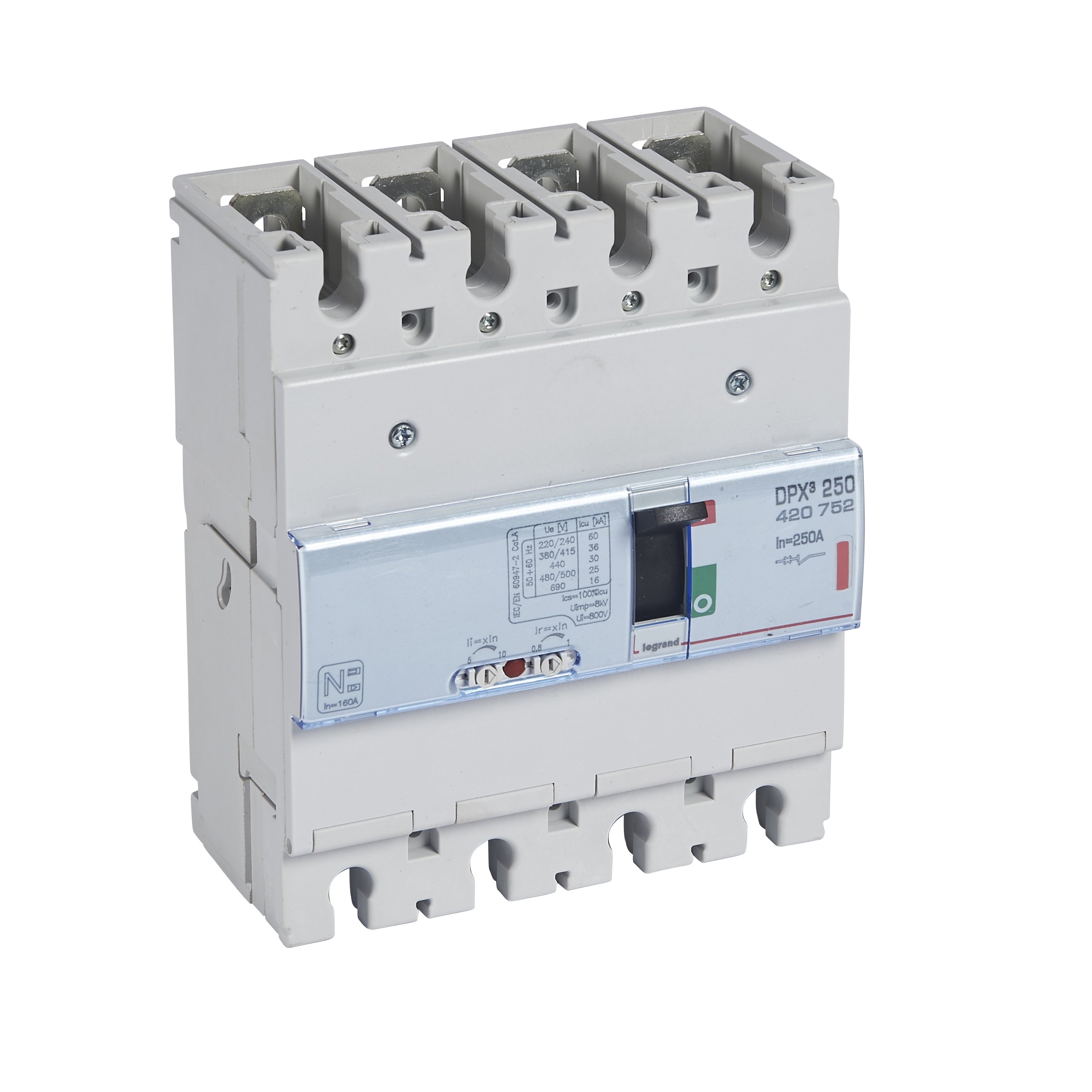 DPX3: kompakt prekidac 250A, 3P+N, F, FC, In=250A, Un=380/415V (Icu=36kA, Ics=100%Icu), termomagnetna zastitna jedinica (In=250A, Ir=0.8-1In, Im=10In)