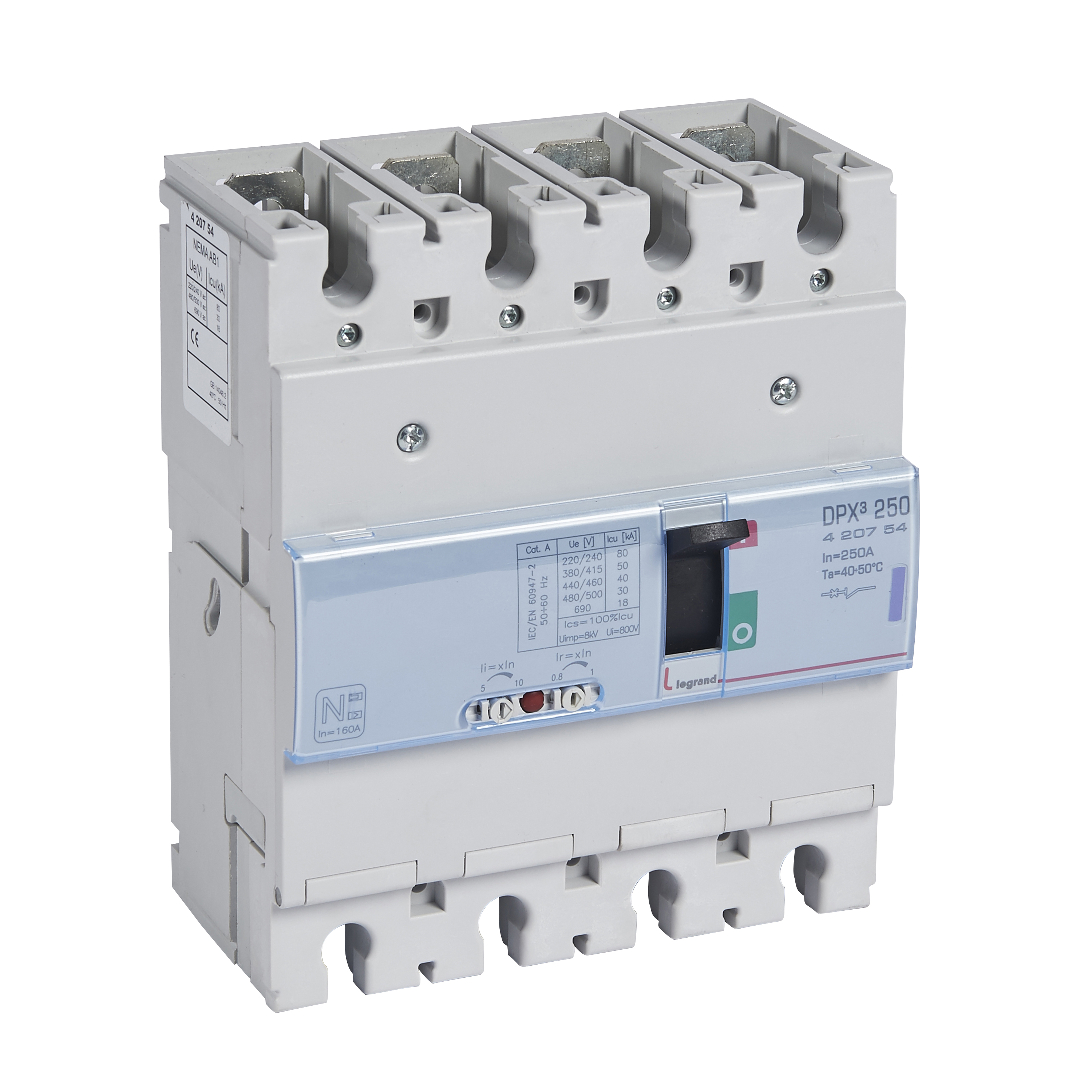 DPX3: kompakt prekidac 250A, 3P+N, F, FC, In=250A, Un=380/415V (Icu=50kA, Ics=100%Icu), termomagnetna zastitna jedinica (In=250A, Ir=0.8-1In, Im=10In)