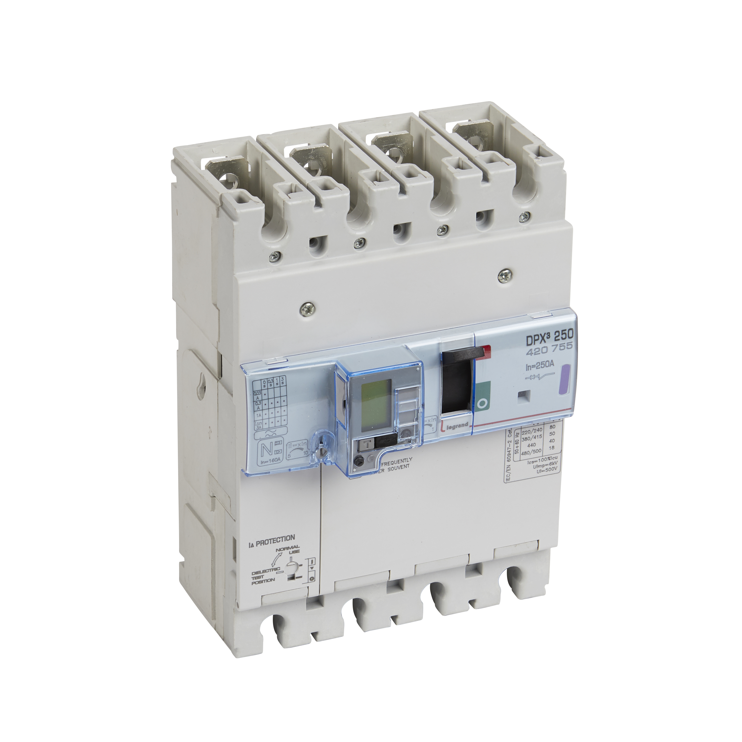 DPX3: kompakt prekidac 250A, 3P+N, F, FC, In=250A, Un=380/415V (Icu=50kA, Ics=100%Icu), termomagnetna zastitna jedinica (In=250A, Ir=0.8-1In, Im=10In), sa modulom diferencijalne zastite