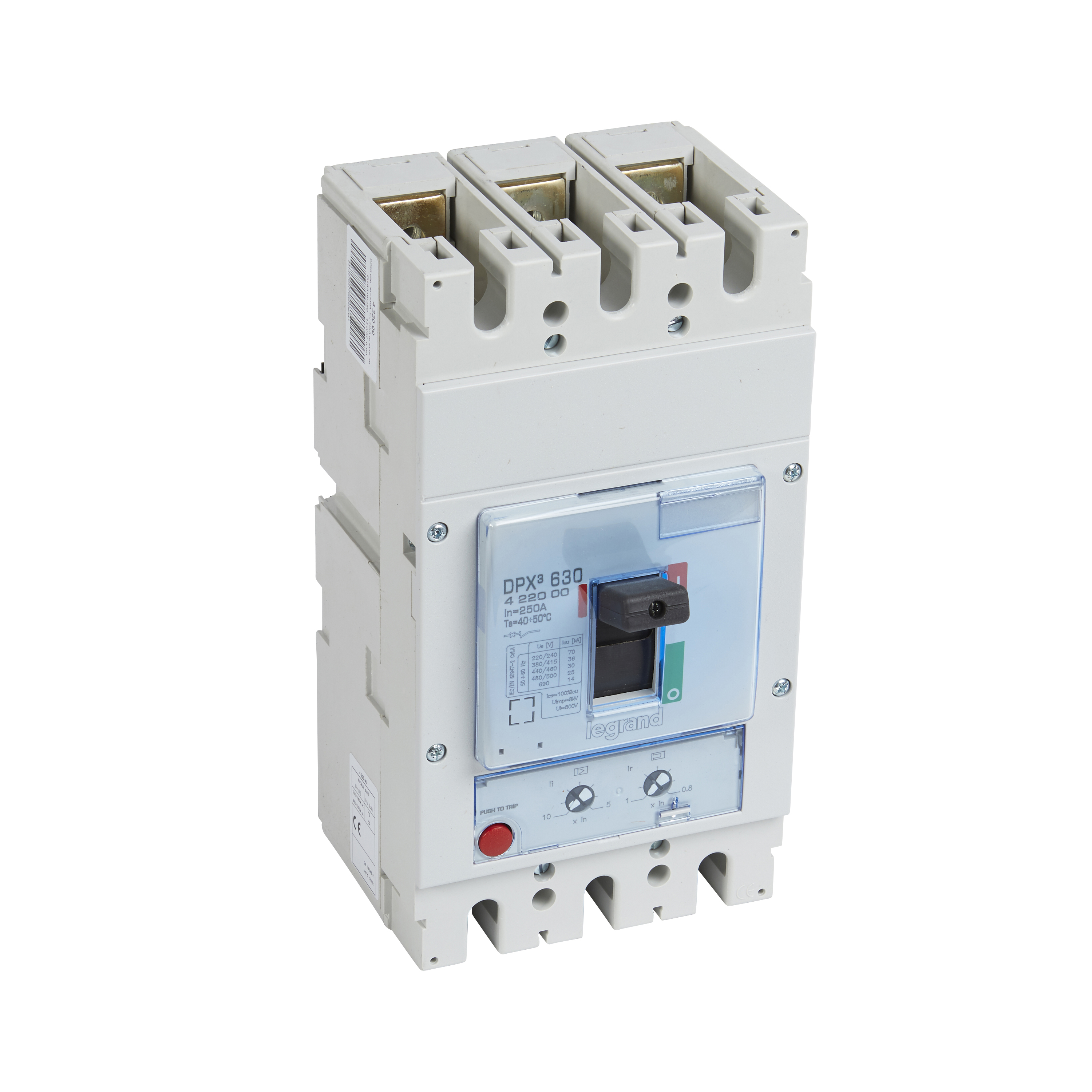 DPX3: kompakt prekidac 630A, 3P, F, FC, In=250A, Un=380/415V (Icu=36kA, Ics=100%Icu), termomagnetna zastitna jedinica (In=250A, Ir=0.8-1In, Im=5...10In)