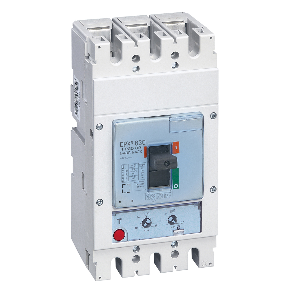 DPX3: kompakt prekidac 630A, 3P, F, FC, In=400A, Un=380/415V (Icu=36kA, Ics=100%Icu), termomagnetna zastitna jedinica (In=400A, Ir=0.8-1In, Im=5...10In)