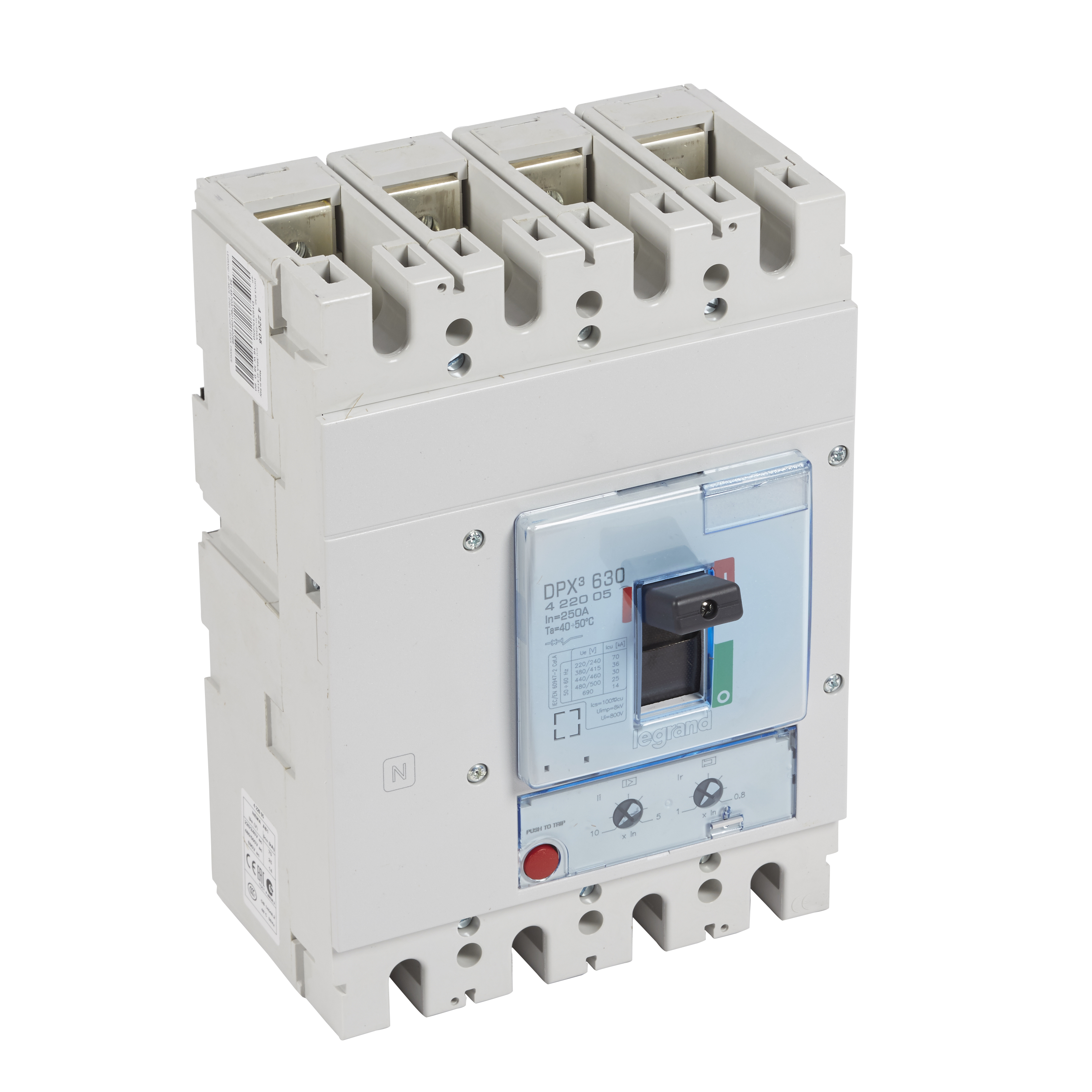 DPX3: kompakt prekidac 630A, 4P, F, FC, In=250A, Un=380/415V (Icu=36kA, Ics=100%Icu), termomagnetna zastitna jedinica (In=250A, Ir=0.8-1In, Im=5...10In)