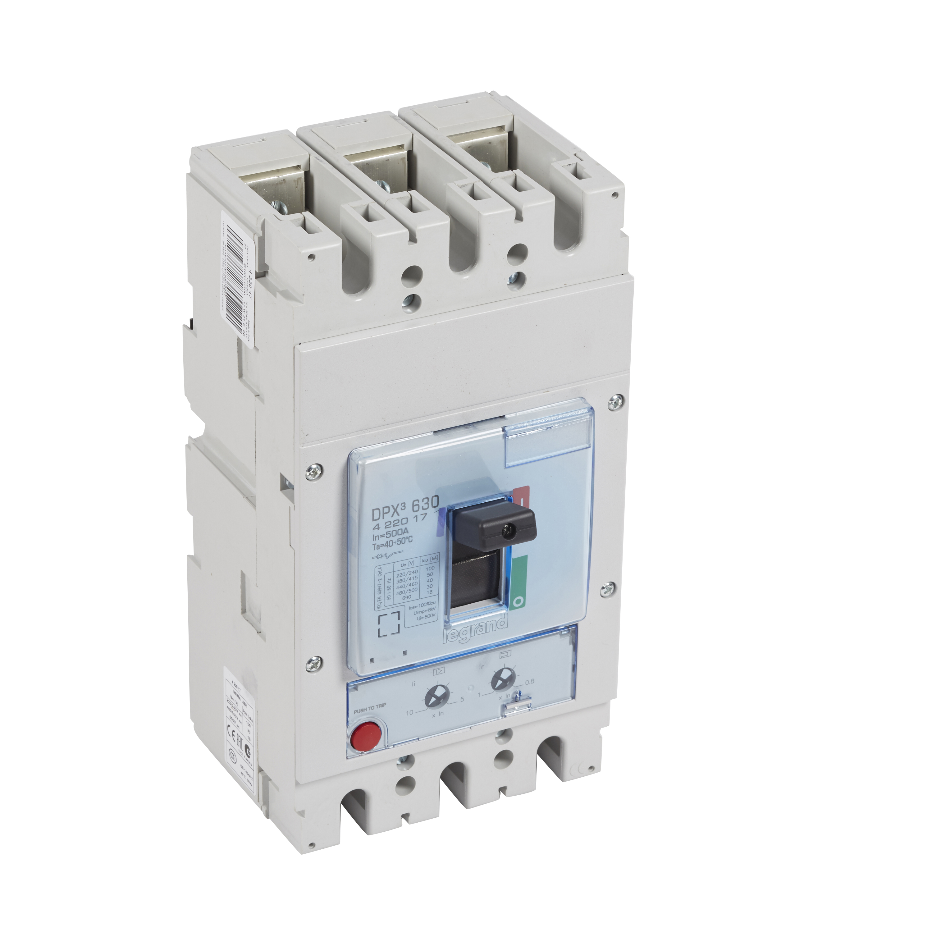 DPX3: kompakt prekidac 630A, 3P, F, FC, In=500A, Un=380/415V (Icu=50kA, Ics=100%Icu), termomagnetna zastitna jedinica (In=500A, Ir=0.8-1In, Im=5...10In)