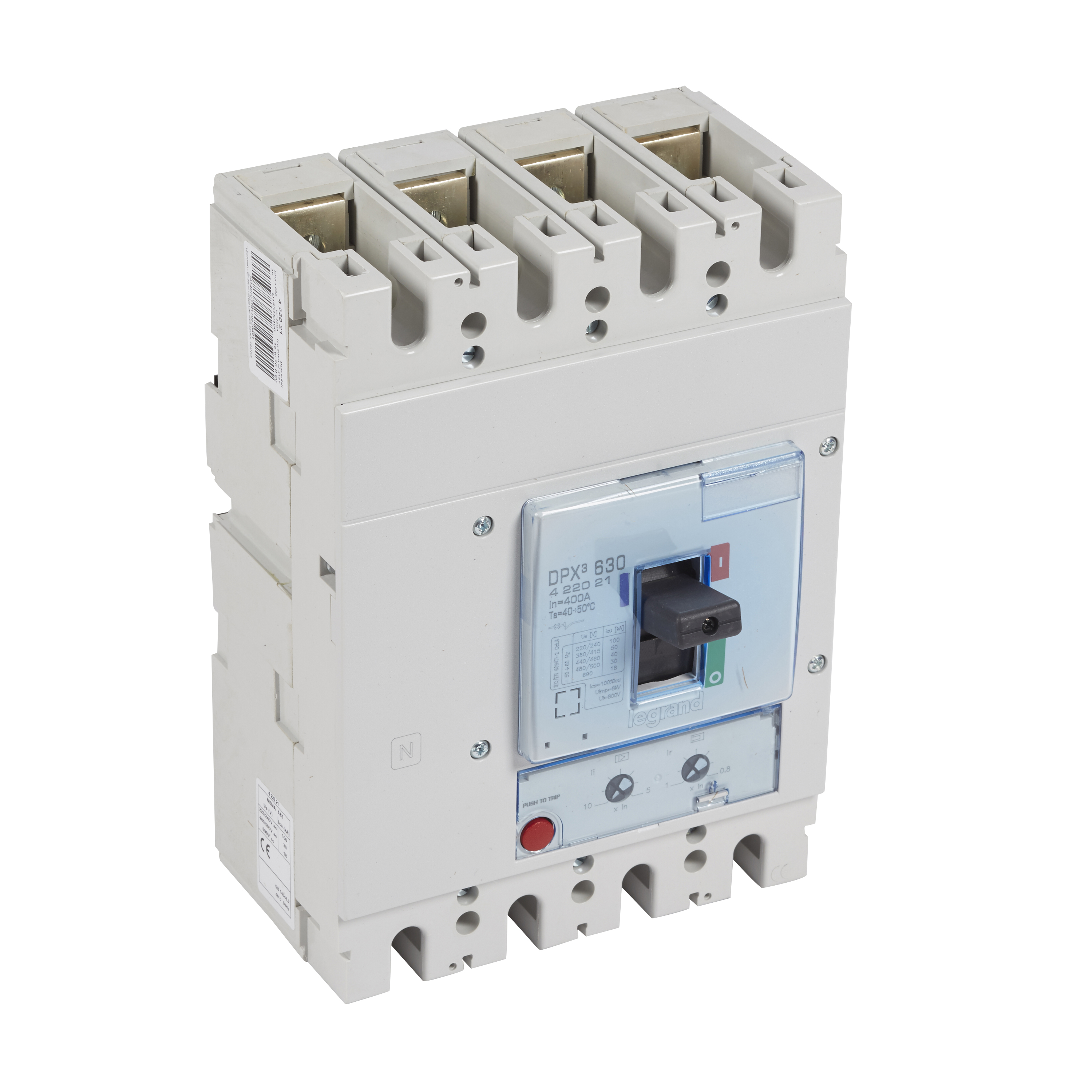 DPX3: kompakt prekidac 630A, 4P, F, FC, In=400A, Un=380/415V (Icu=50kA, Ics=100%Icu), termomagnetna zastitna jedinica (In=400A, Ir=0.8-1In, Im=5...10In)