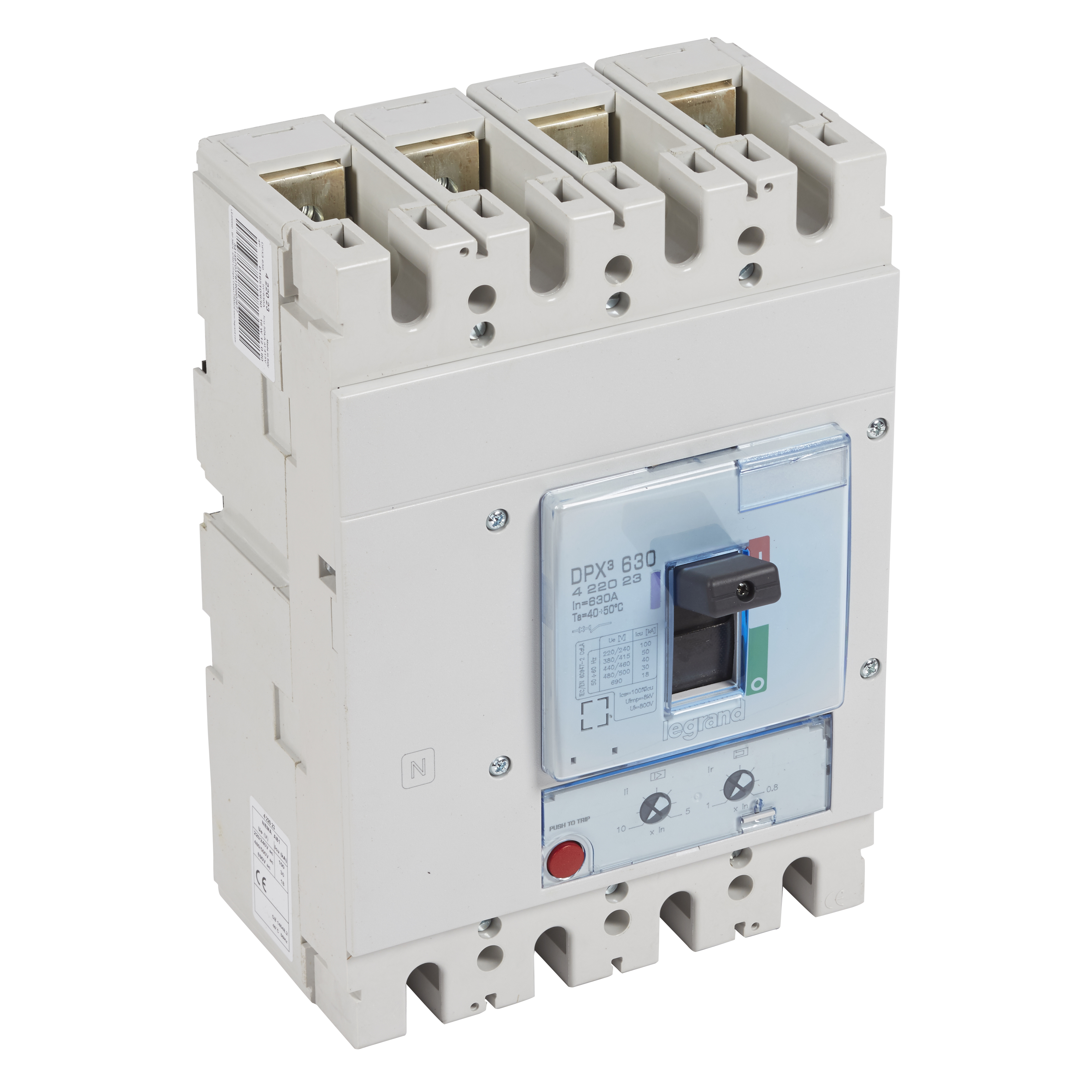 DPX3: kompakt prekidac 630A, 4P, F, FC, In=630A, Un=380/415V (Icu=50kA, Ics=100%Icu), termomagnetna zastitna jedinica (In=630A, Ir=0.8-1In, Im=5...10In)